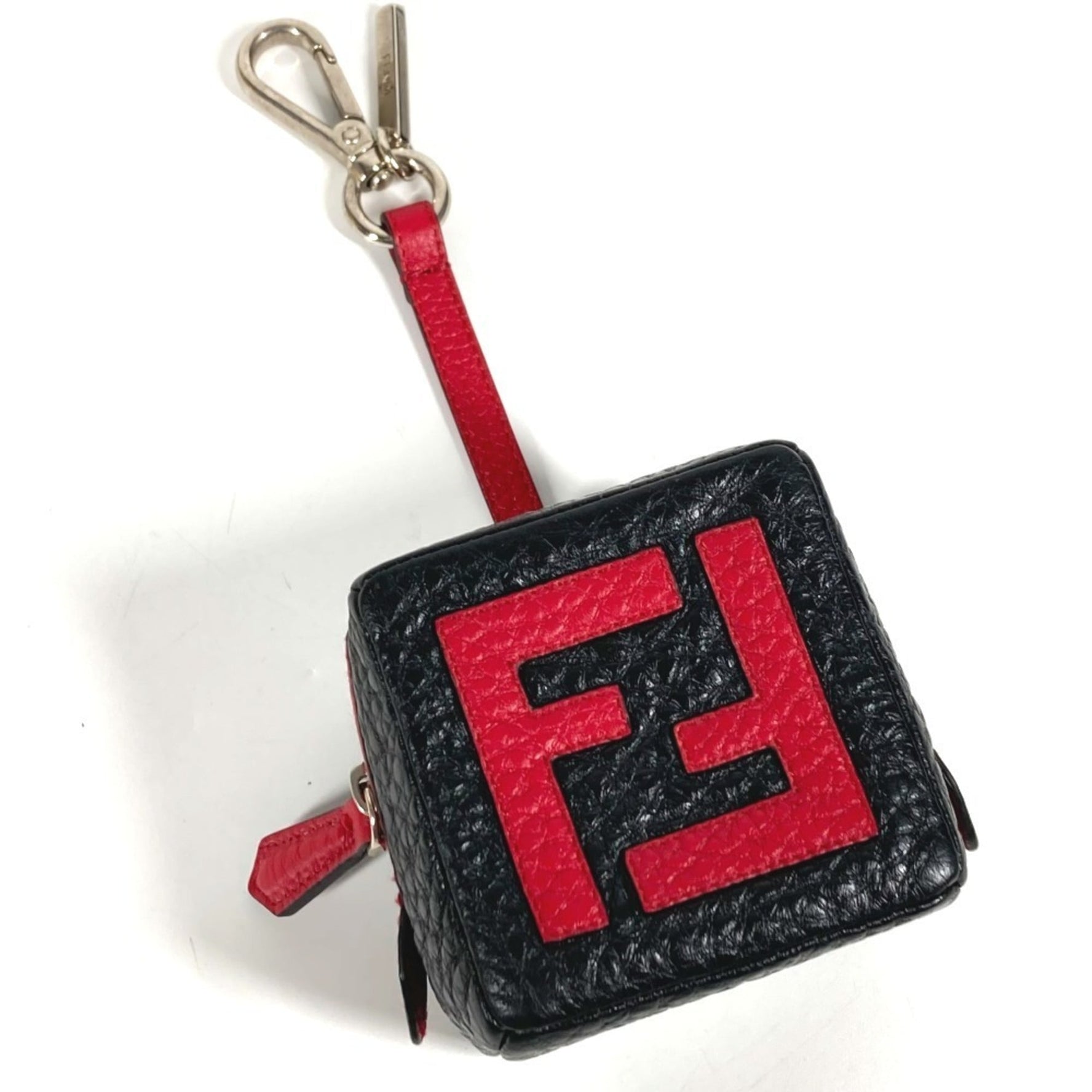 FENDI Logo Dice FF Pouch Bag Charm Keychain Leather Men's Black