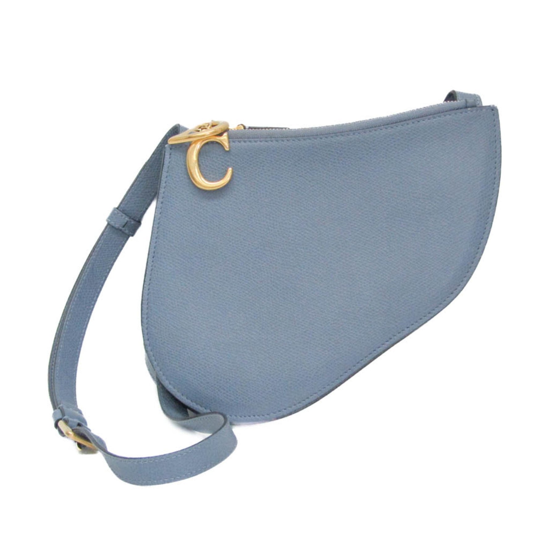 Christian Dior Saddle Leather Shoulder Bag Light Blue Gray