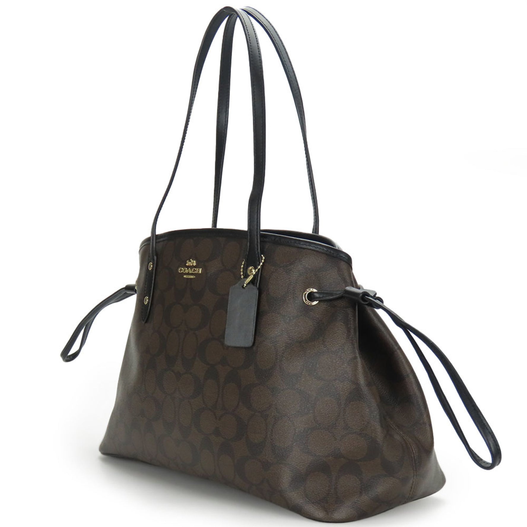 Coach Tote Bag Signature Leather Black Dark Brown