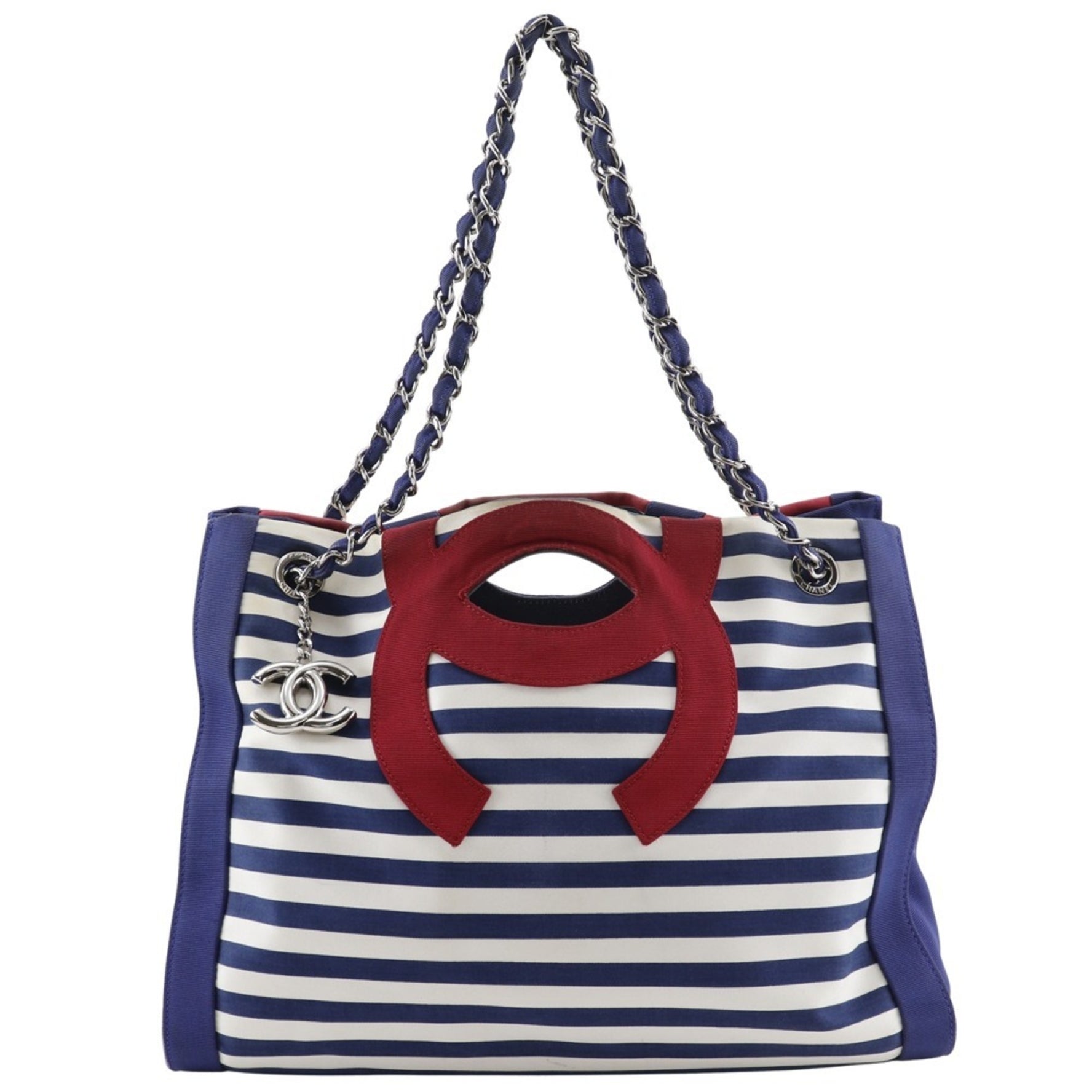 CHANEL Chain Tote Bag Cruise Line Border 7944 Cotton x Nylon