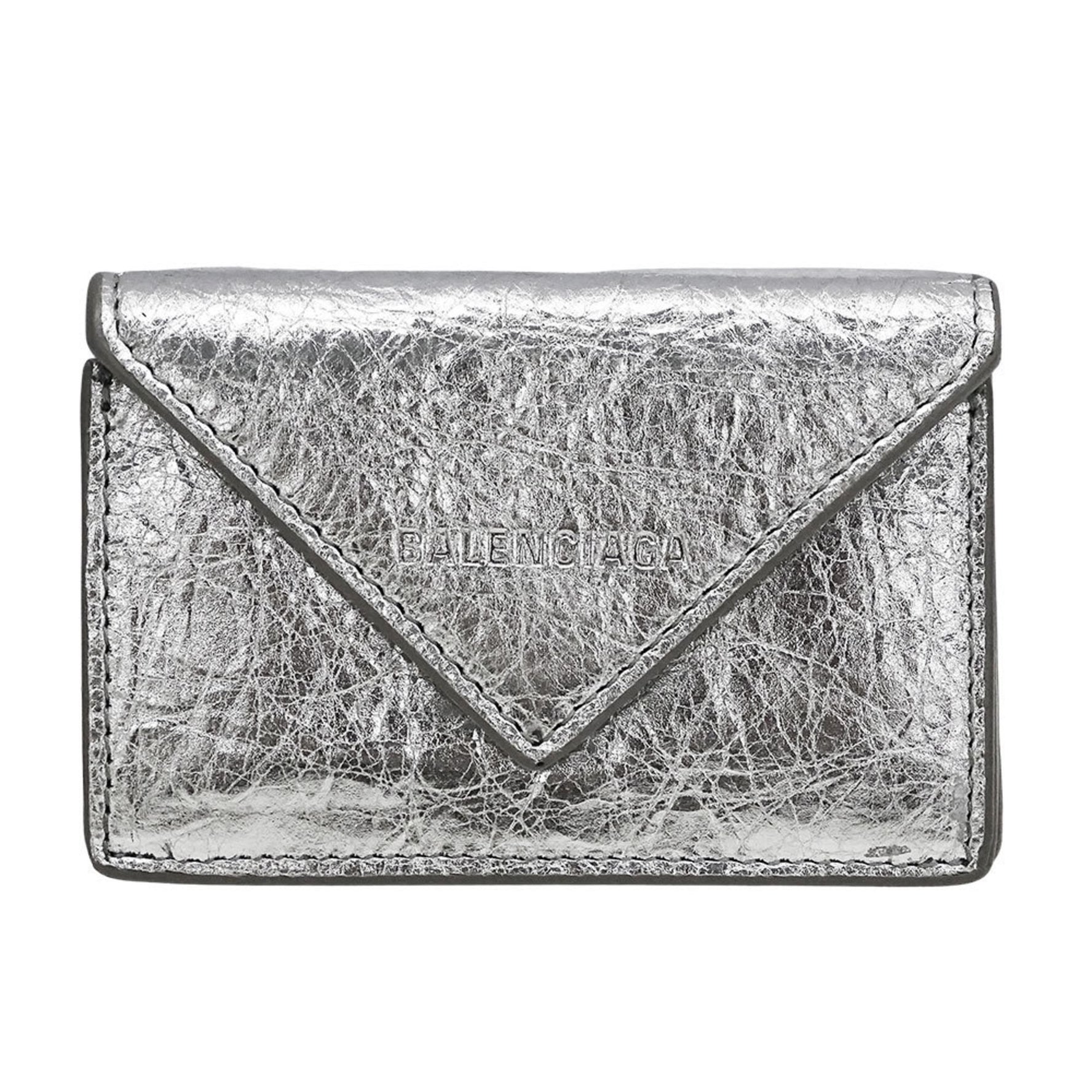Balenciaga Tri-fold Leather Paper Mini Wallet in Metallic Silver