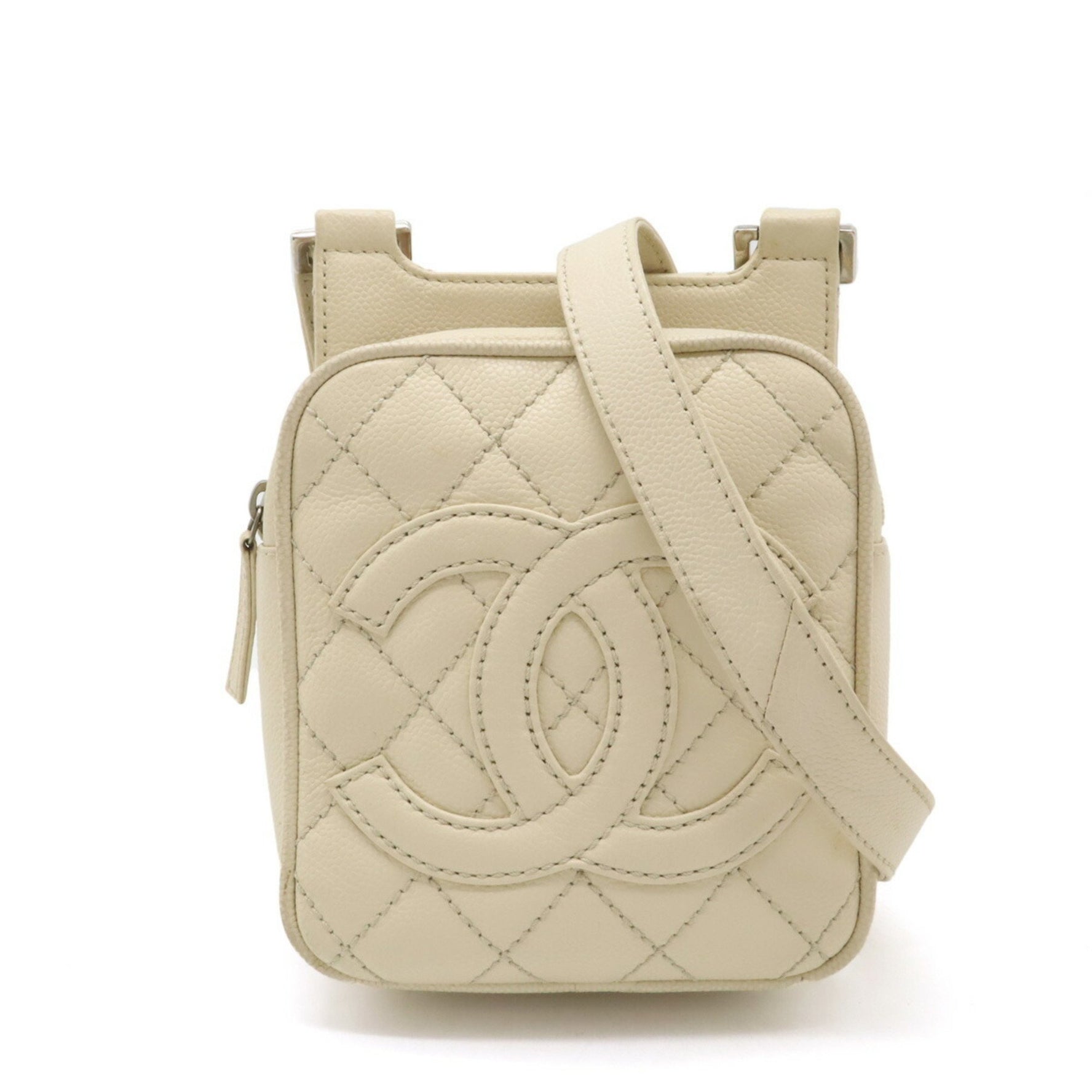 CHANEL Matelasse Coco Mark Shoulder Bag Pochette Caviar Skin Leather Light Beige