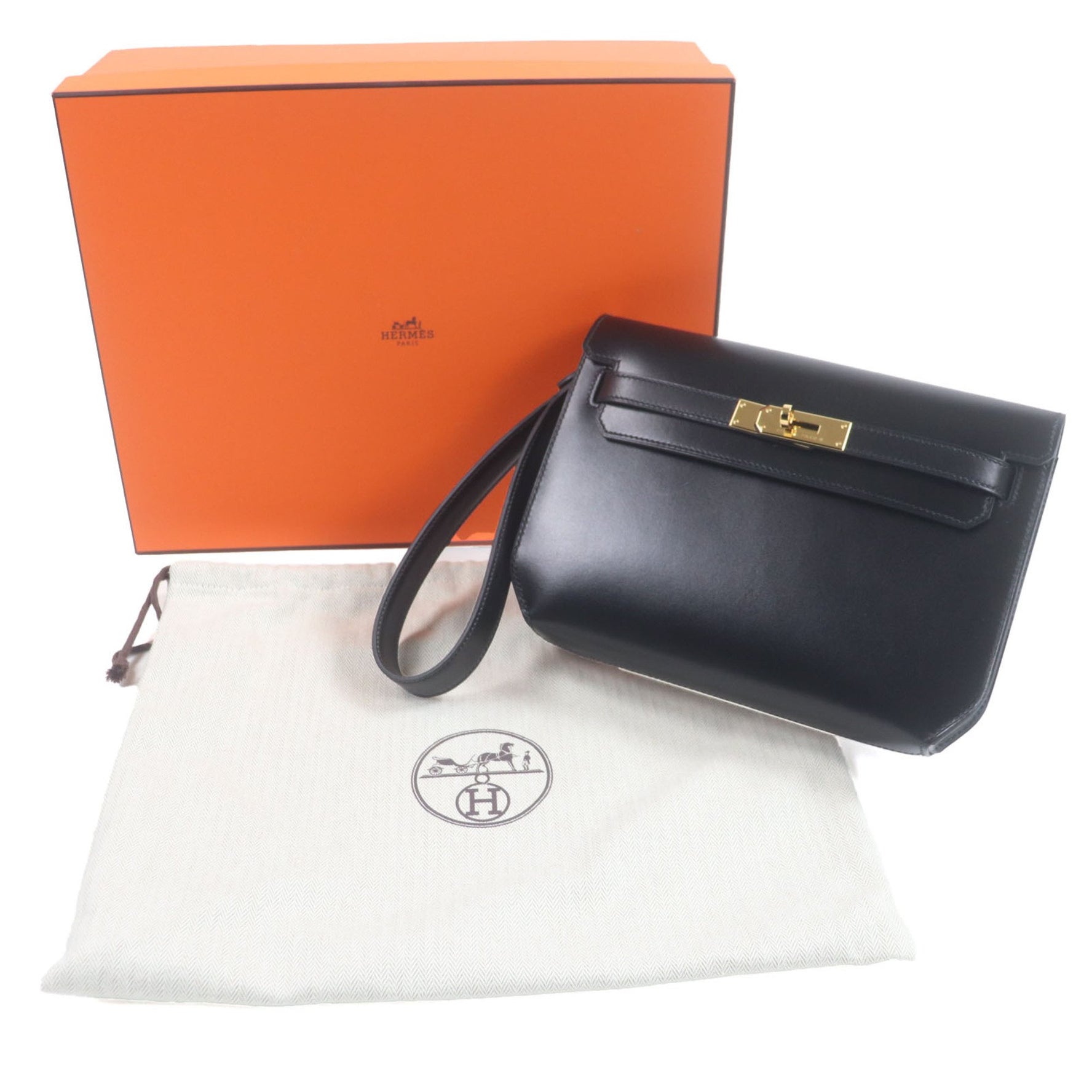 HERMES Kelly Depeche 25 Box Calf Leather Clutch Bag with Gold Hardware, Black U Stamp, and Dust Bag, Made in France, Men's