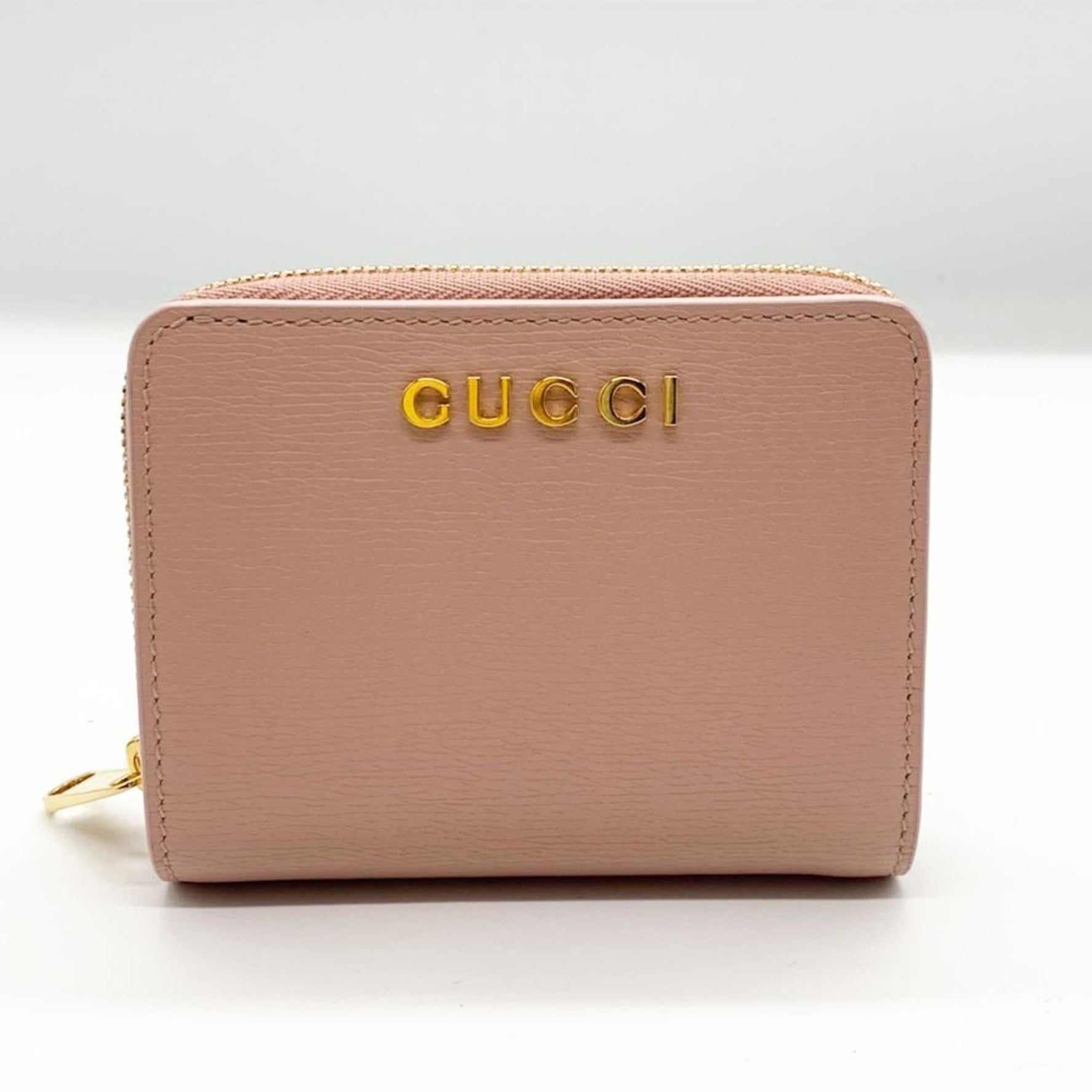 Gucci Script Mini Wallet Bi-fold Light Pink Leather Gold Ladies