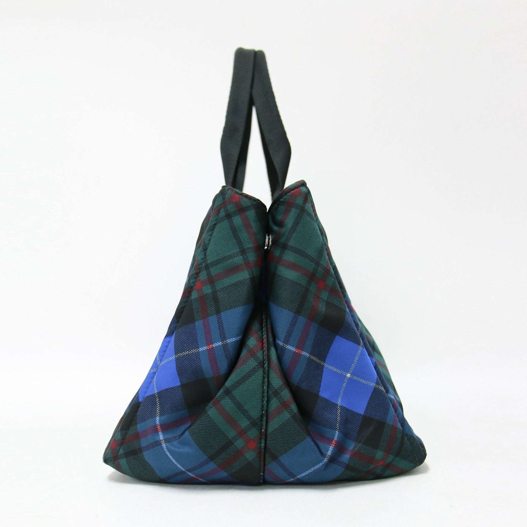 PRADA Canapa Check Nylon Tote Bag in Blue, Green, and Black. Triangle Plate.