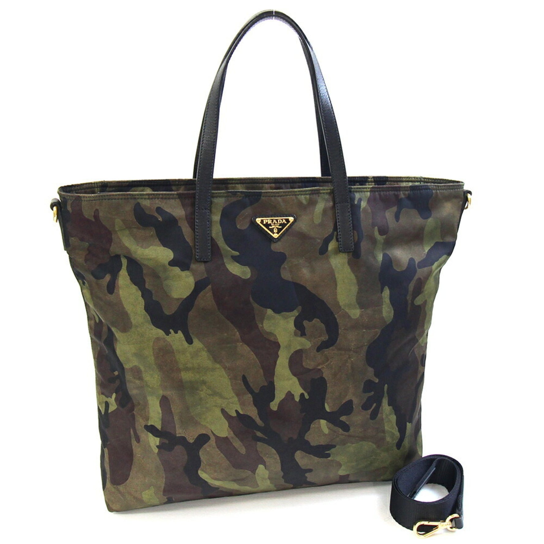 Prada Tote Bag Khaki Black Nylon Leather Shoulder Camouflage Men's