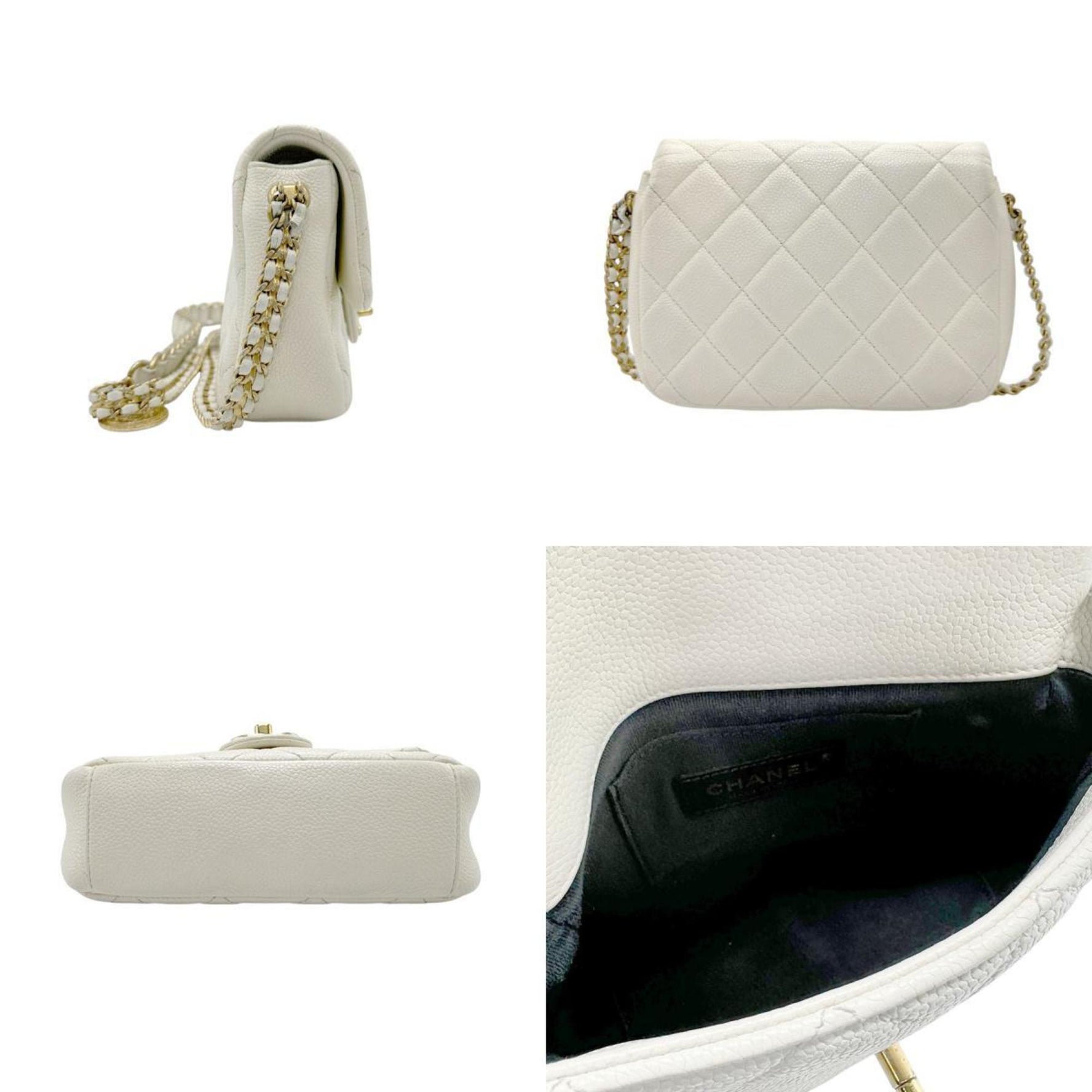 CHANEL Shoulder Bag Matelasse Caviar Leather Metal Off-White Gold