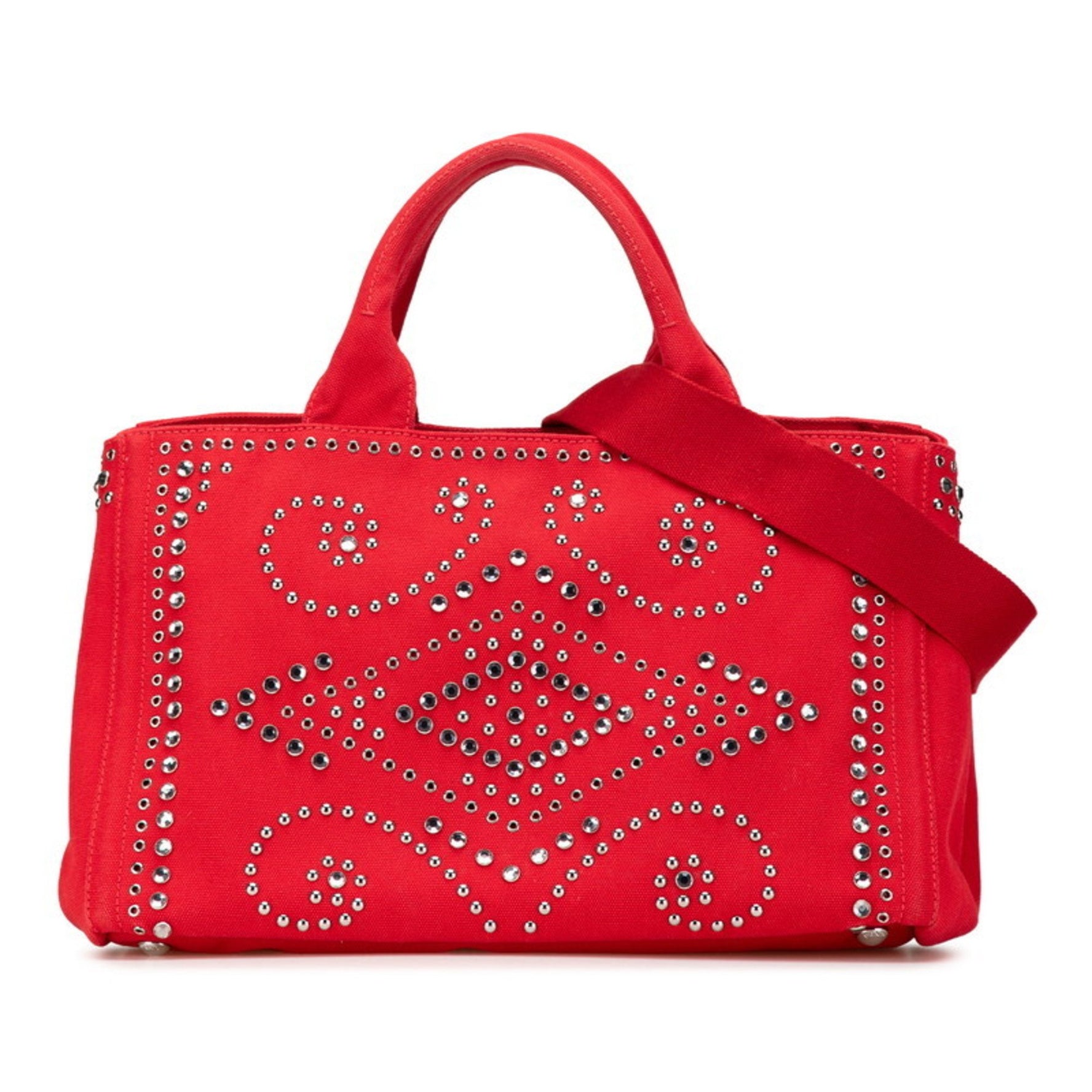 Prada Canapa Studded Beaded Handbag Shoulder Bag Red Canvas