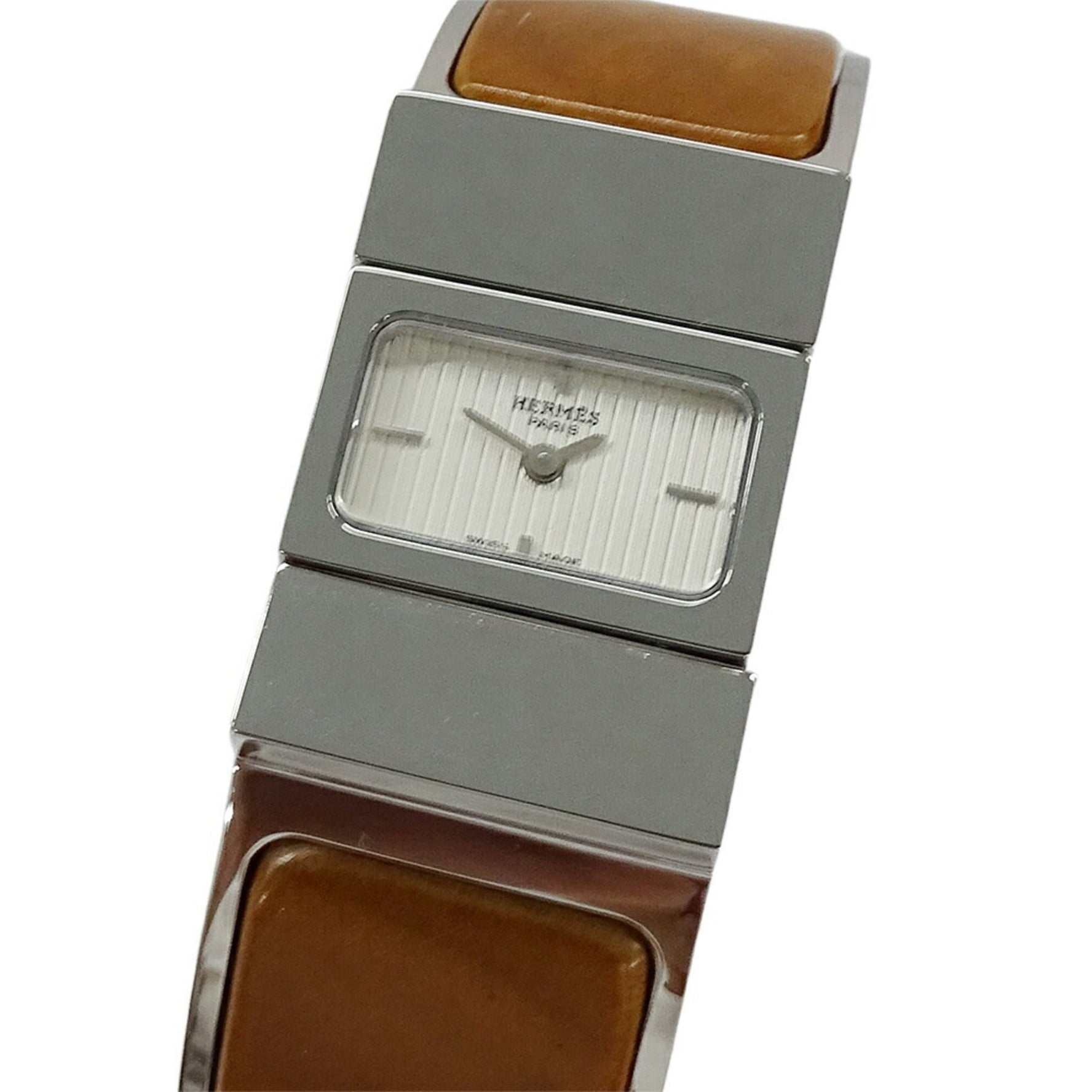 Hermès Quartz Stainless Steel Watch with Bangle, Silver and Brown, Polished