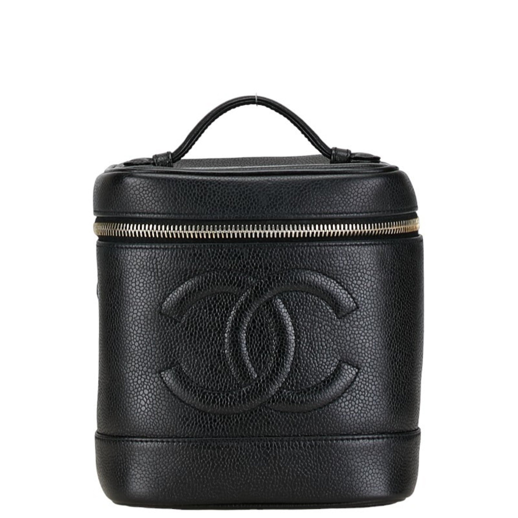 Chanel Coco Mark Handbag Vanity Bag Black Gold Caviar Skin