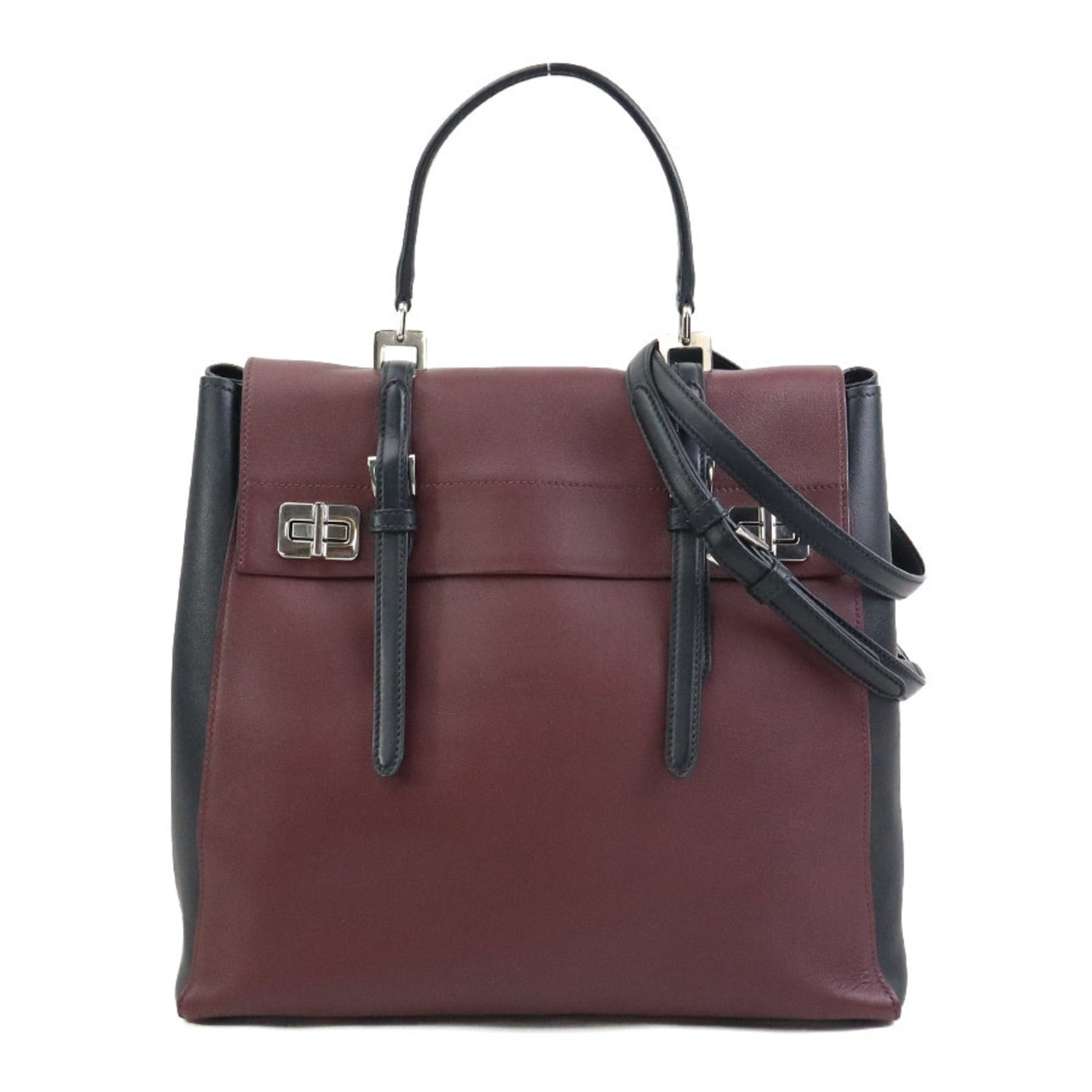 PRADA handbag shoulder bag leather burgundy black silver women's e59977a