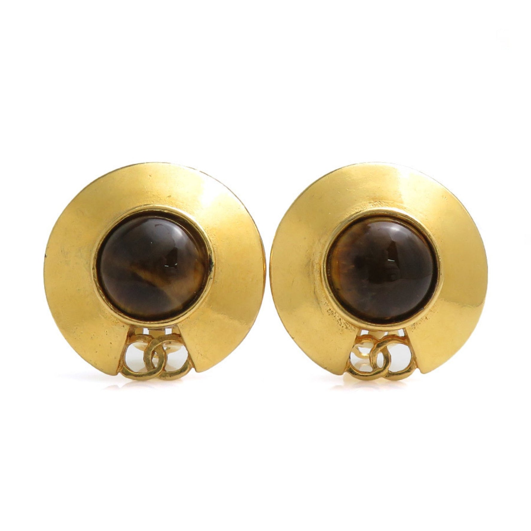 CHANEL Earrings Coco Mark Metal Stone Gold Brown