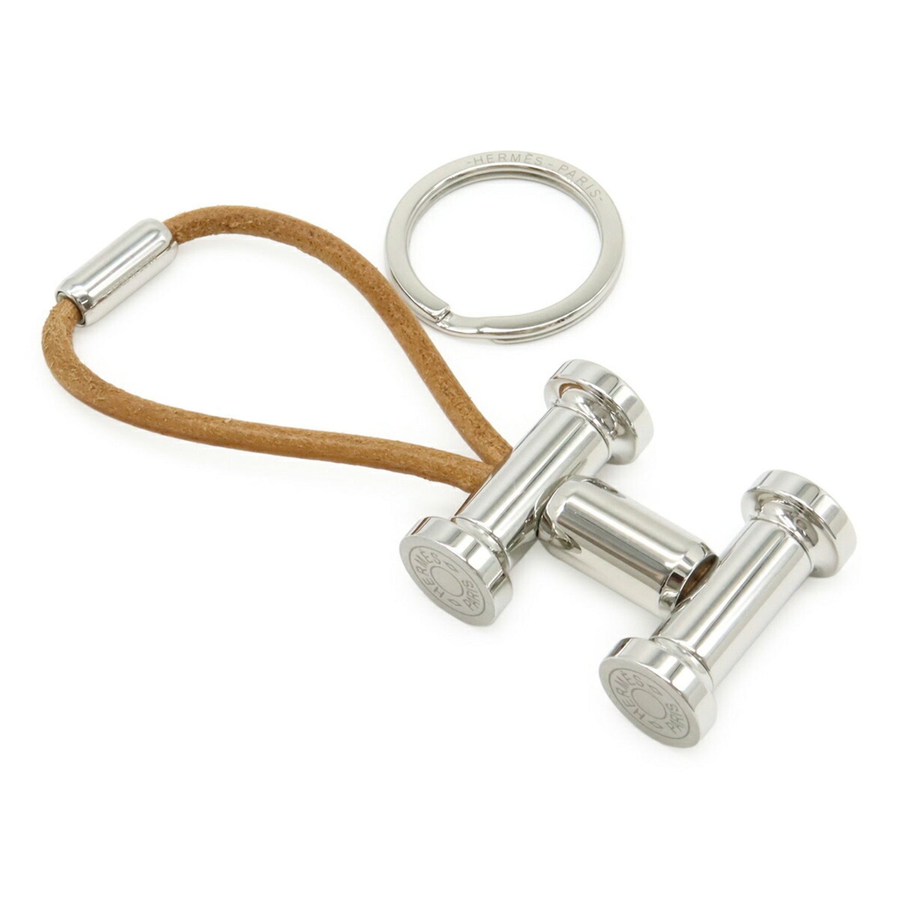 HERMES Mobile H Keychain/Key Ring Bag Charm in Stainless Steel and Leather (Beige)