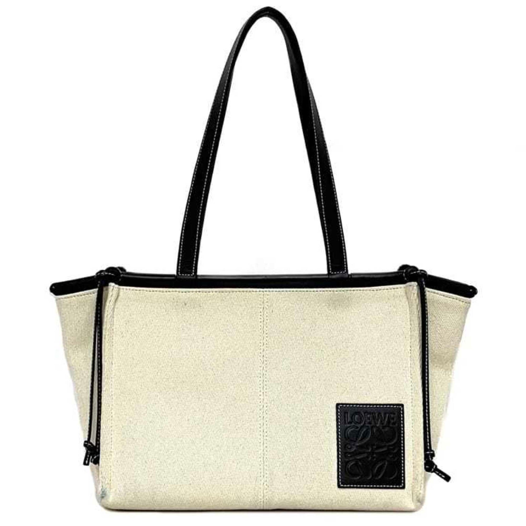 LOEWE Tote Bag Cushion Natural White Black Anagram Canvas Leather Freestanding