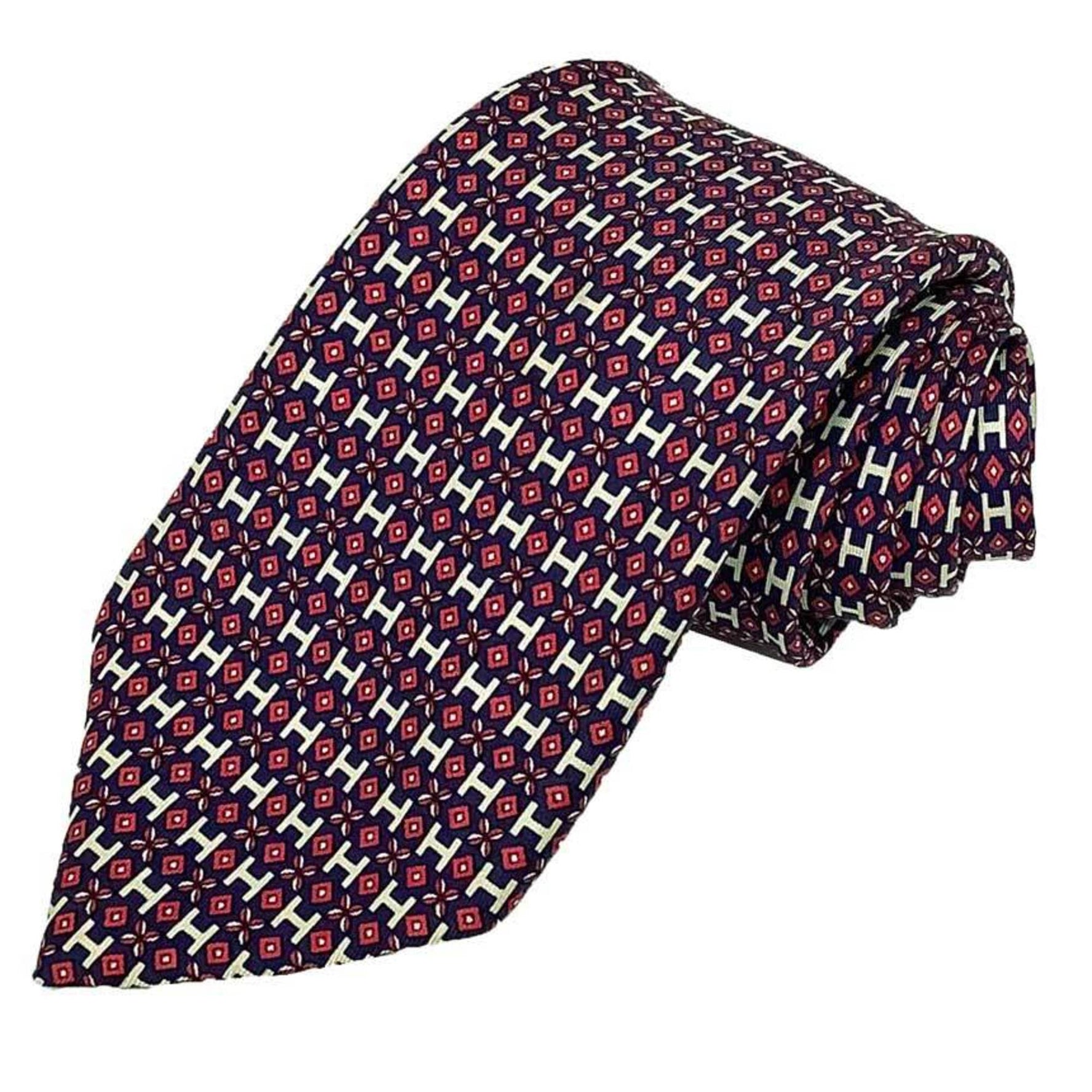 Hermes Tie Silk Twill H Pattern Navy x Pink