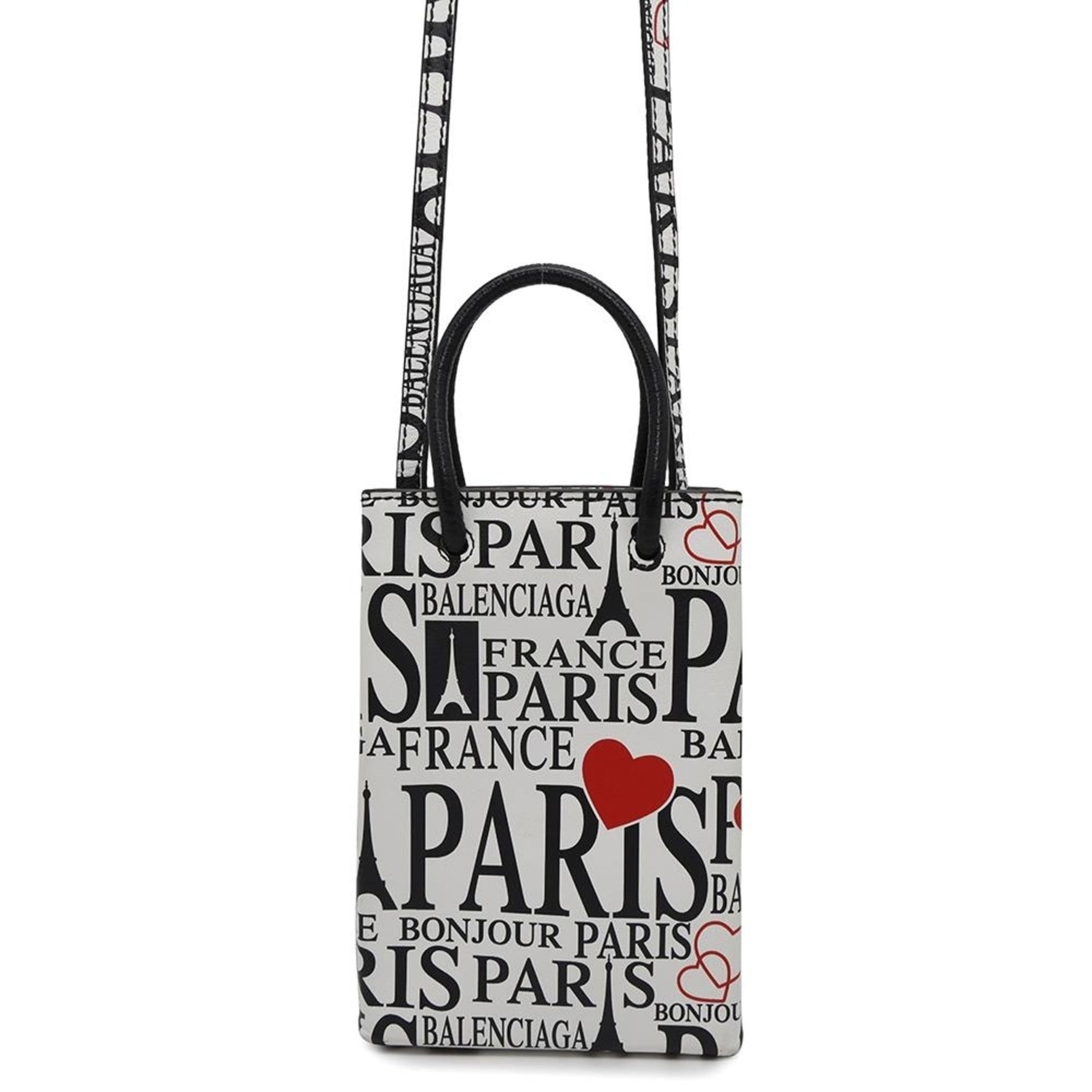Balenciaga Handbag Bonjour Paris Phone Holder White Black Heart