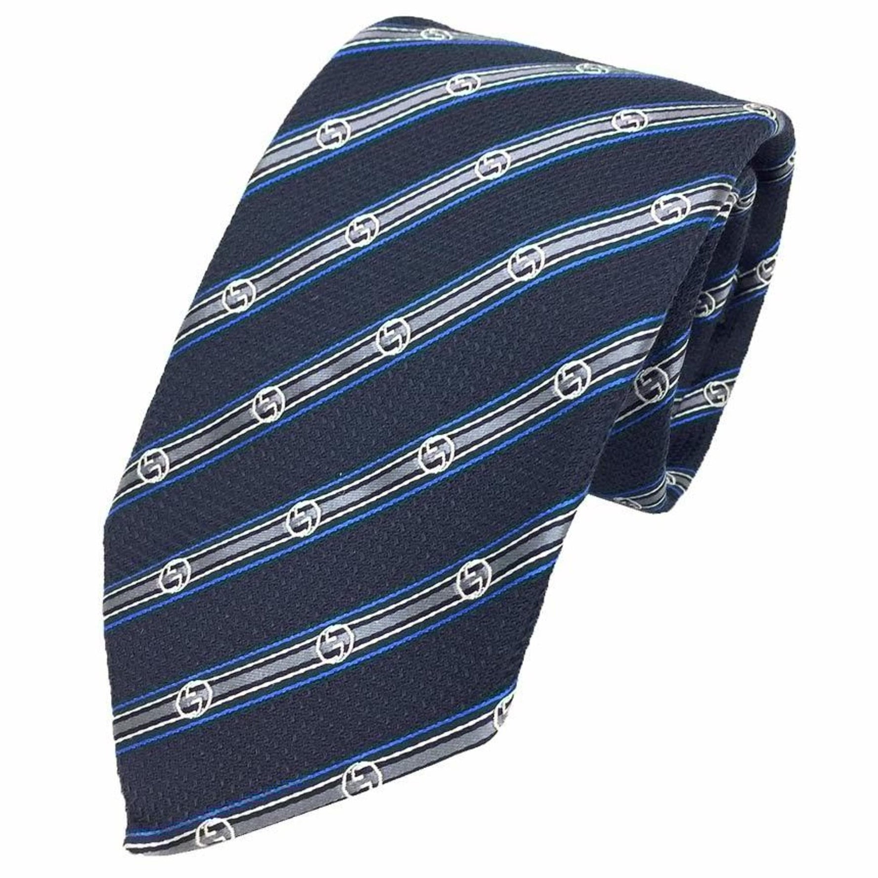 GUCCI tie GG stripe silk navy x grey