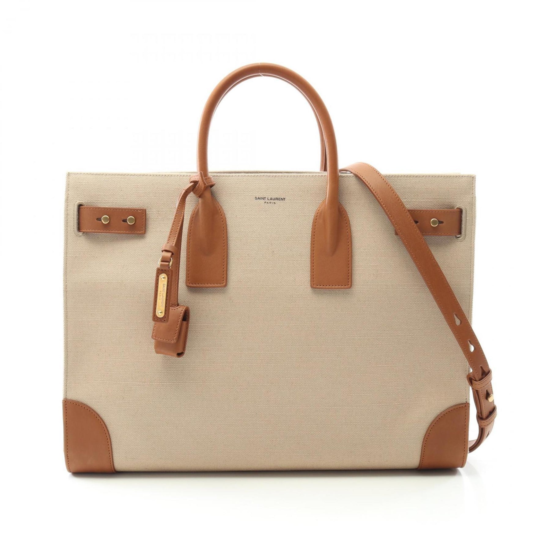 Saint Laurent Sac du Jour Thin Large Tote Bag Canvas Leather Beige Brown