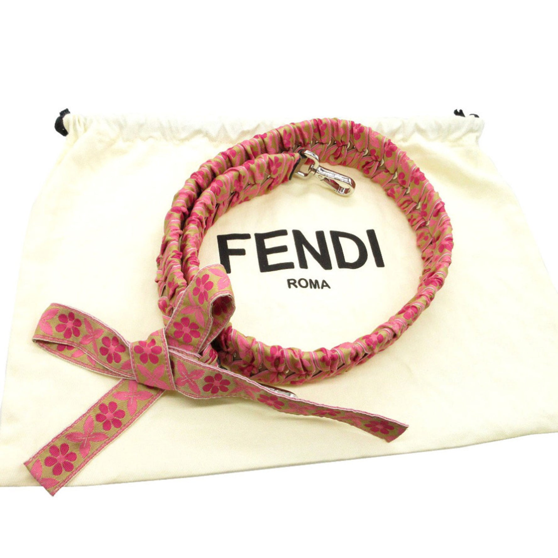 Like new Fendi Strap You Tyrolean Tape Floral Ribbon Shoulder Leather/Silk Pink/Beige 0559