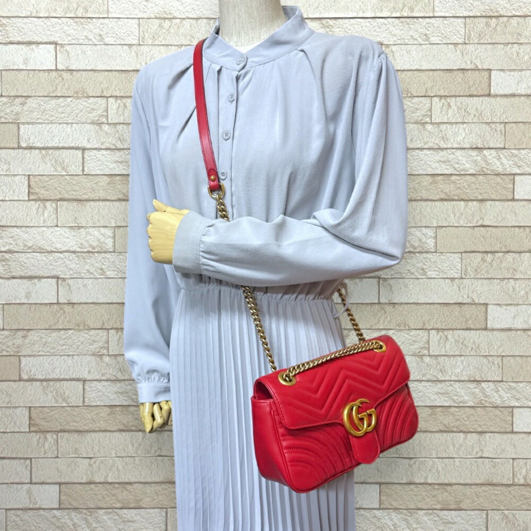 Gucci GG Marmont Shoulder Bag, Leather, Red, Double Chain