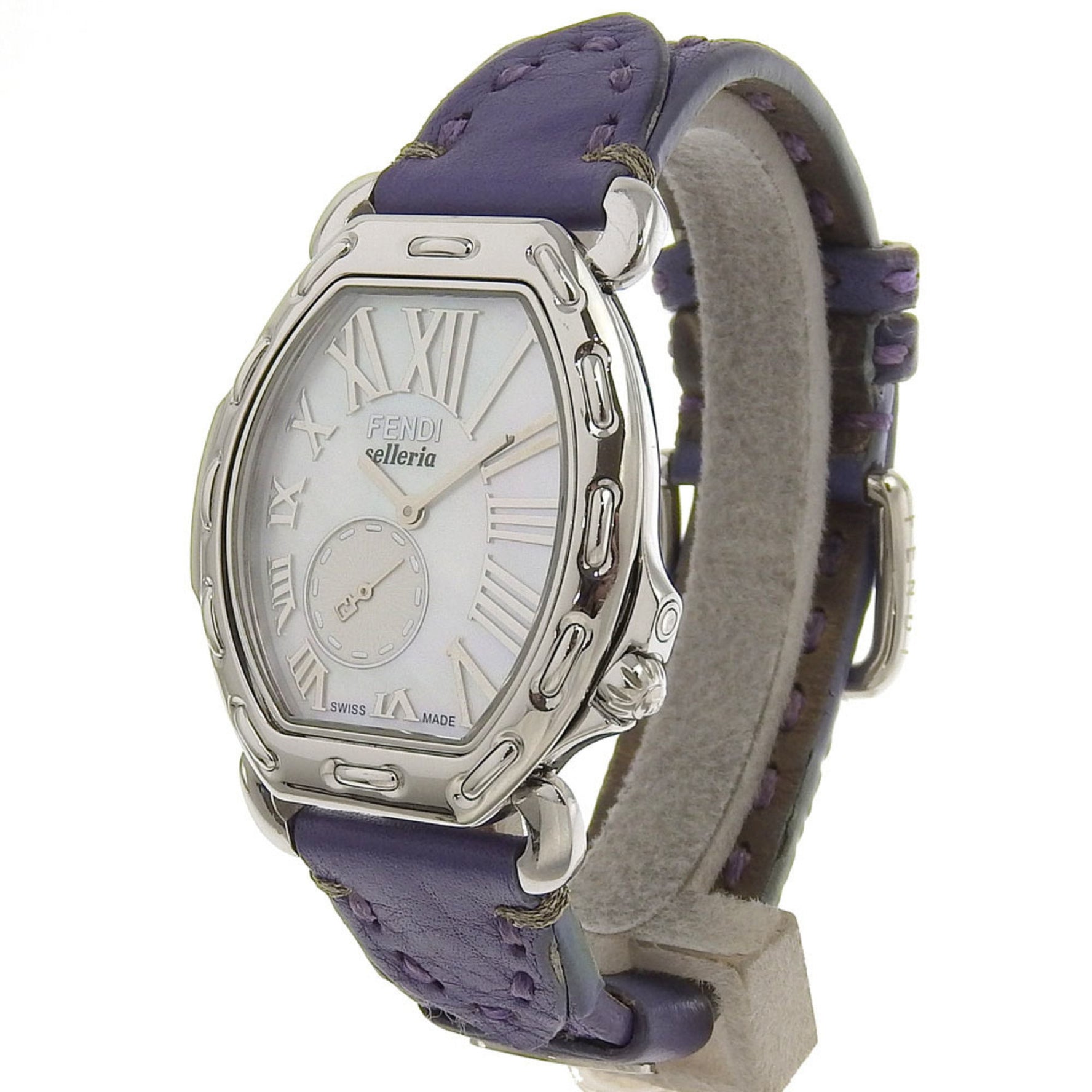 FENDI Celeria Watch Stainless Steel x Embossed Leather Quartz Small Second White Shell Dial