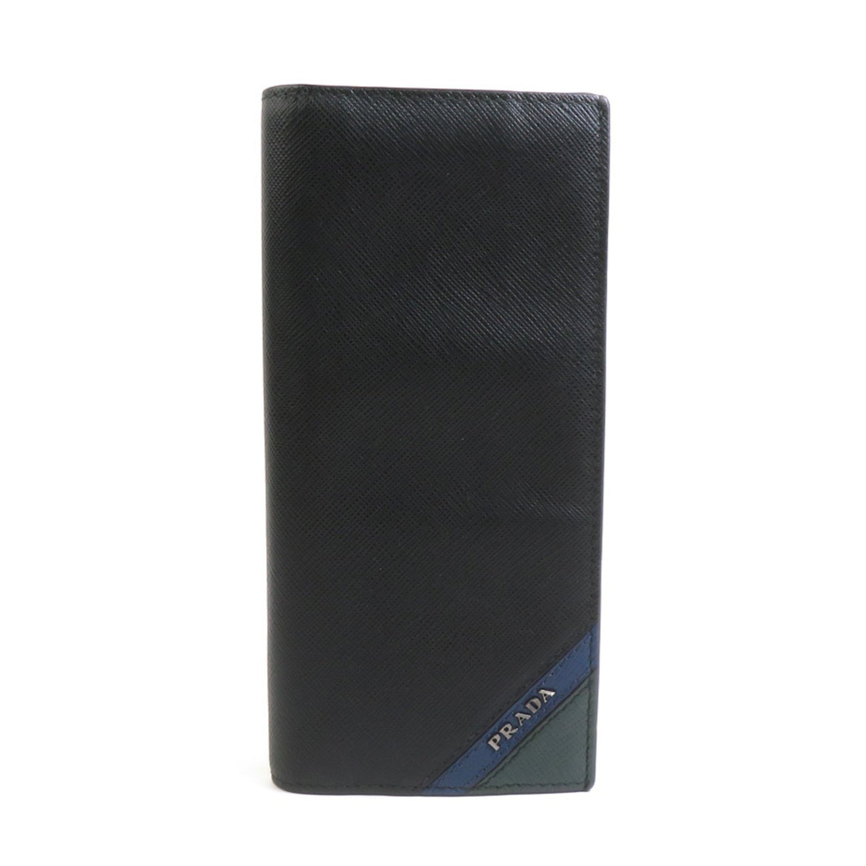 PRADA Bi-fold long wallet Leather Black x Green Blue
