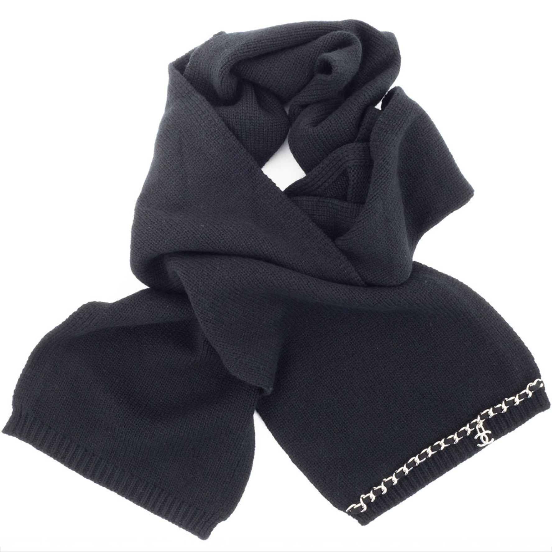 Chanel Cashmere Scarf 100% Leather Chain Coco Rectangle