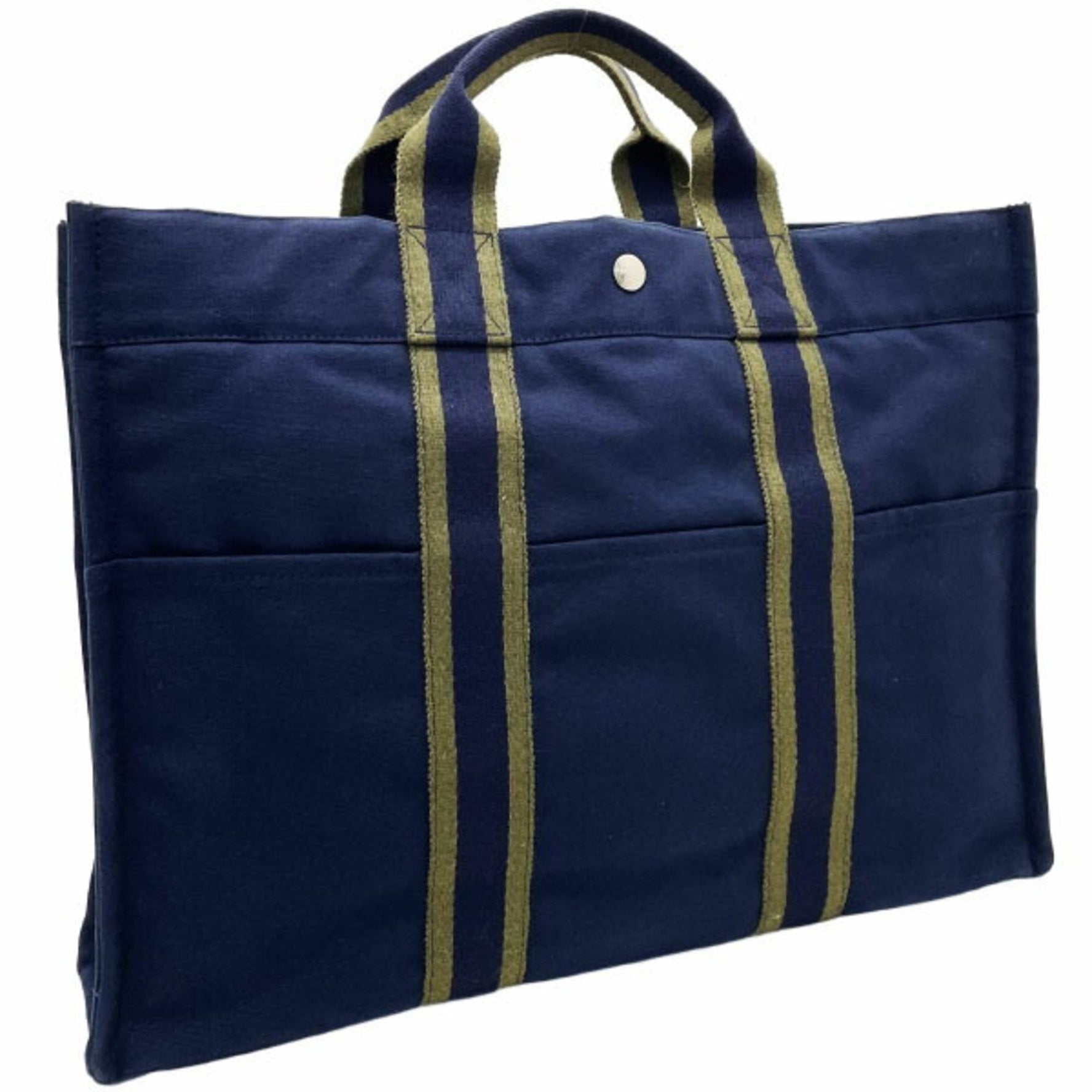 Hermes Tote Bag Foule MM Canvas Navy Khaki Green Bicolor Handbag Men Women Unisex