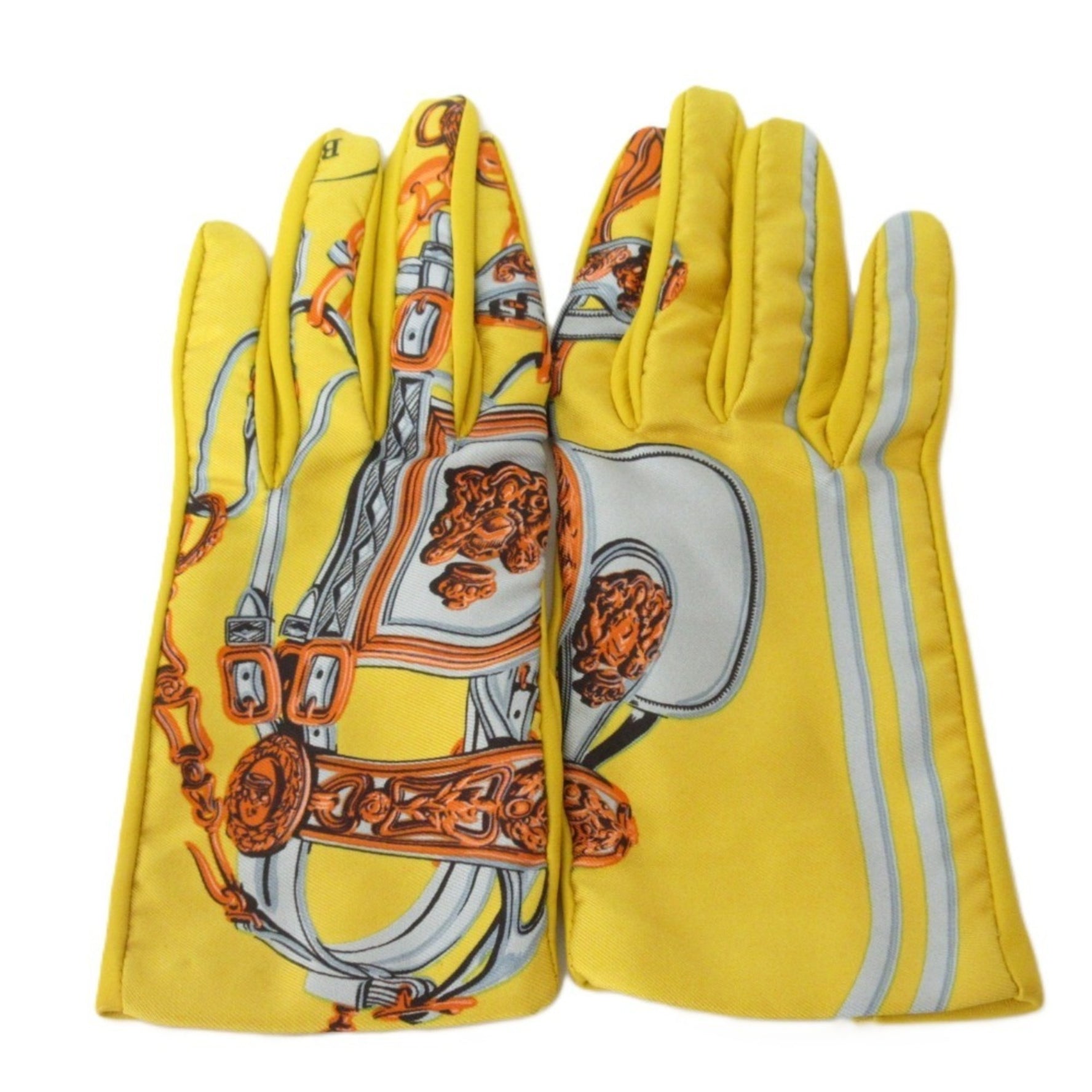 HERMES Twill Silk Lambskin Gloves 7 Yellow x Multicolor