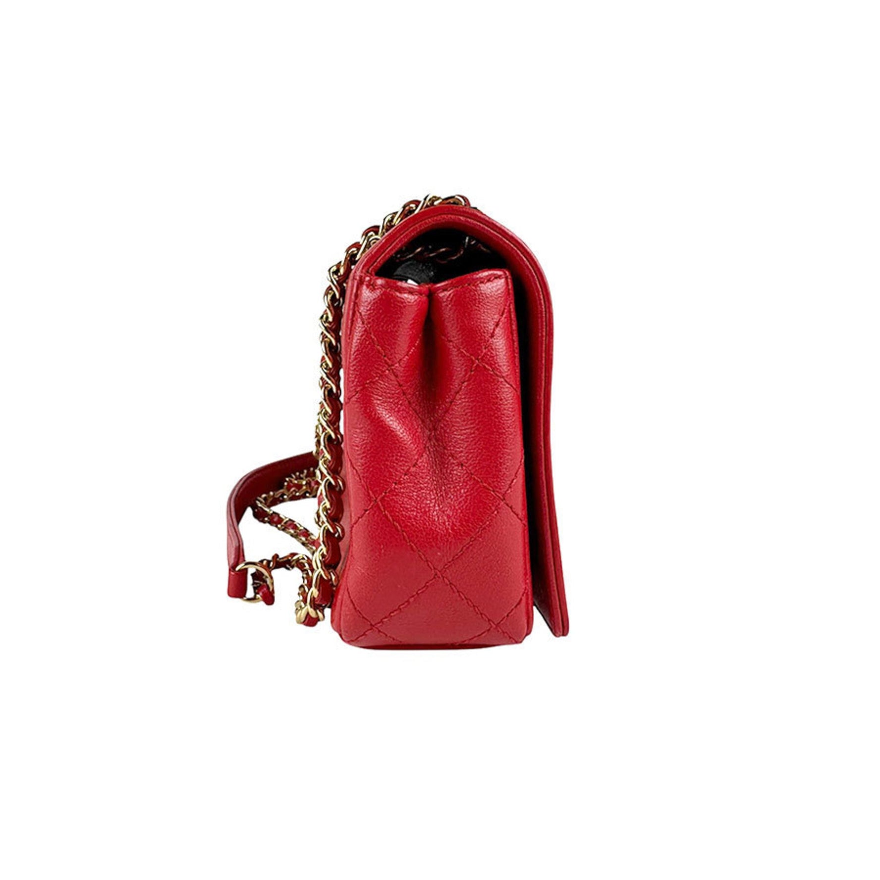 CHANEL Shoulder Bag Leather Red Gold
