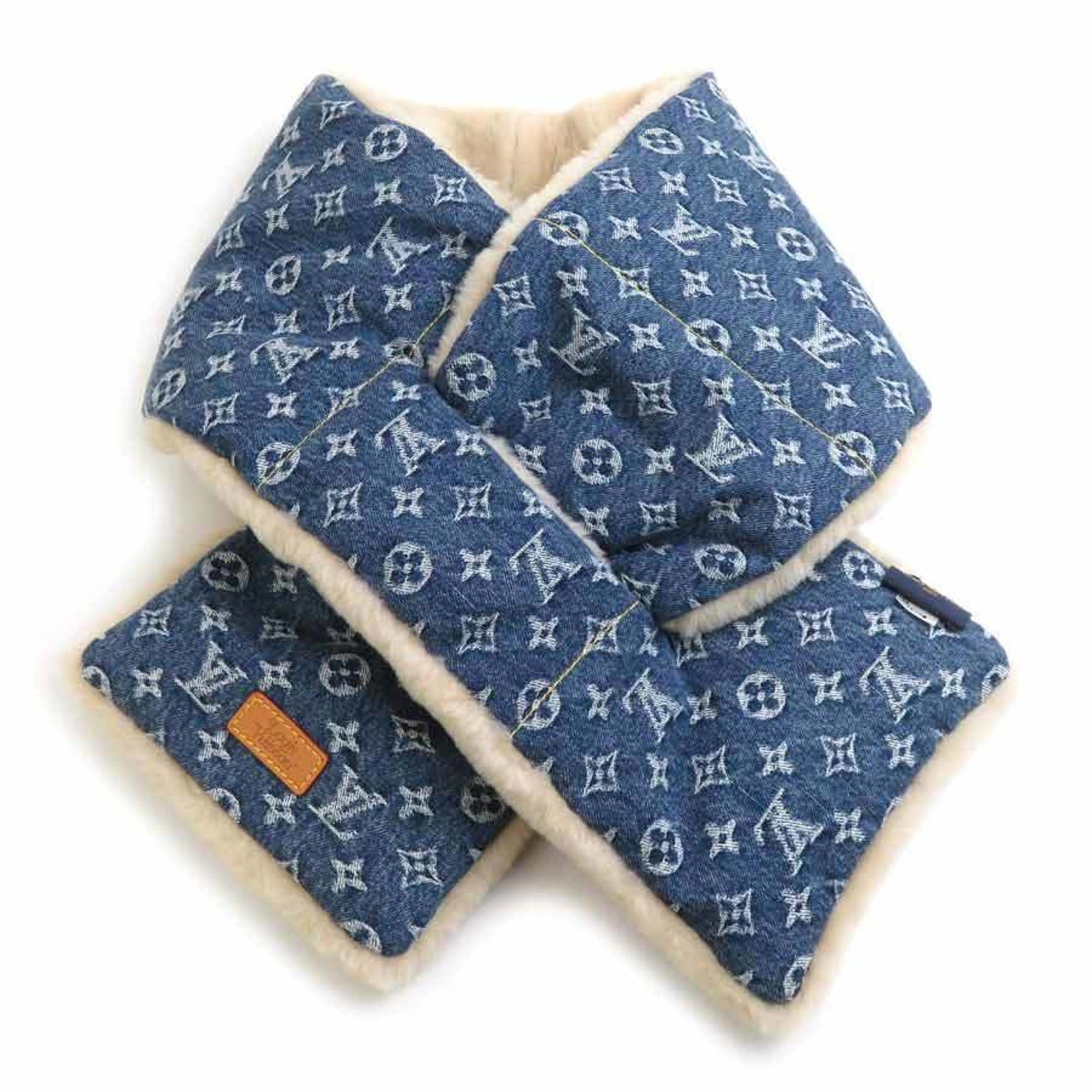 Louis Vuitton Scarf NIGO Collaboration Monogram Denim Echarpe Shearling Fur Blue x Beige Men's