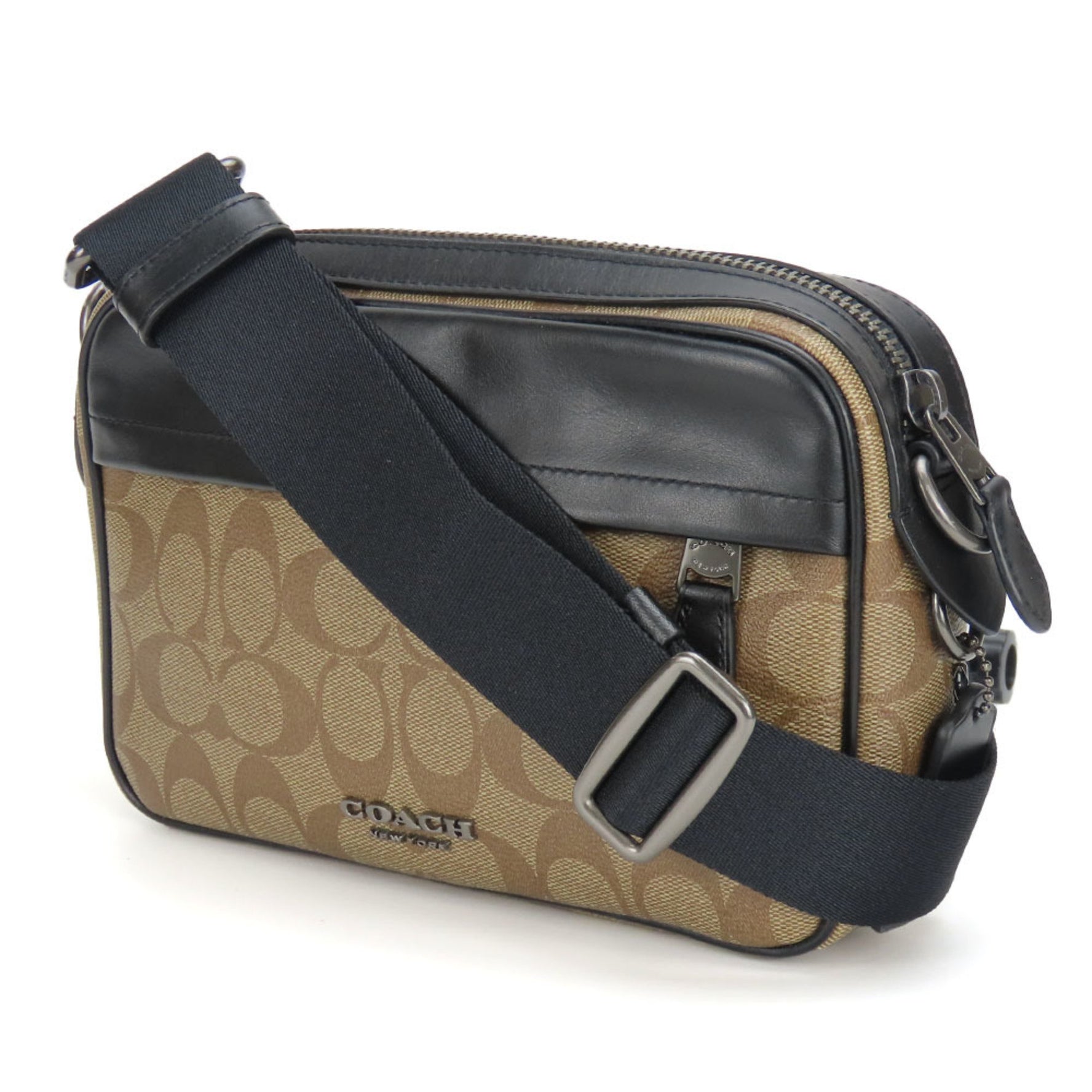 Coach Shoulder Bag Signature Leather Black Brown Men's