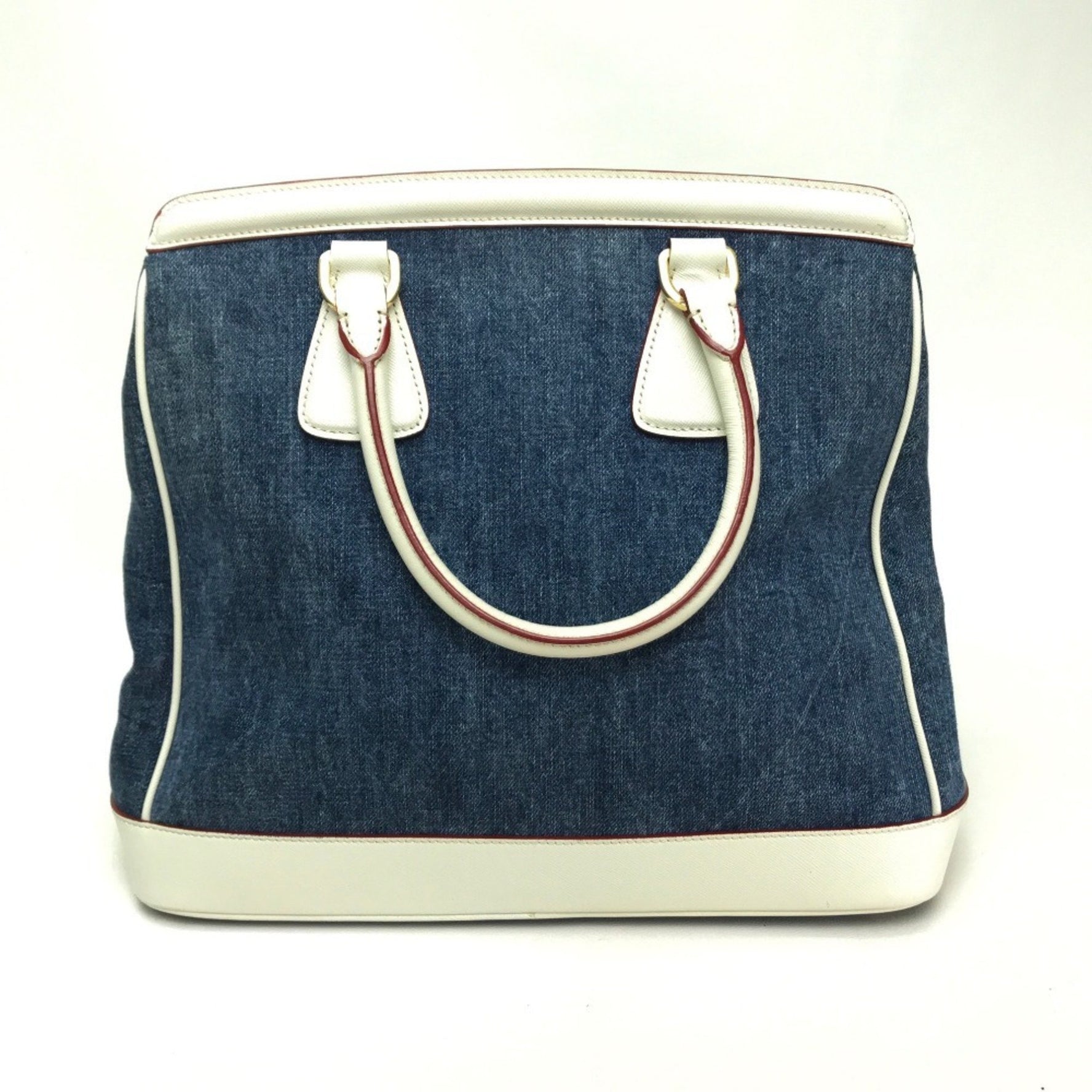 PRADA Handbag Cotton Denim Leather Blue