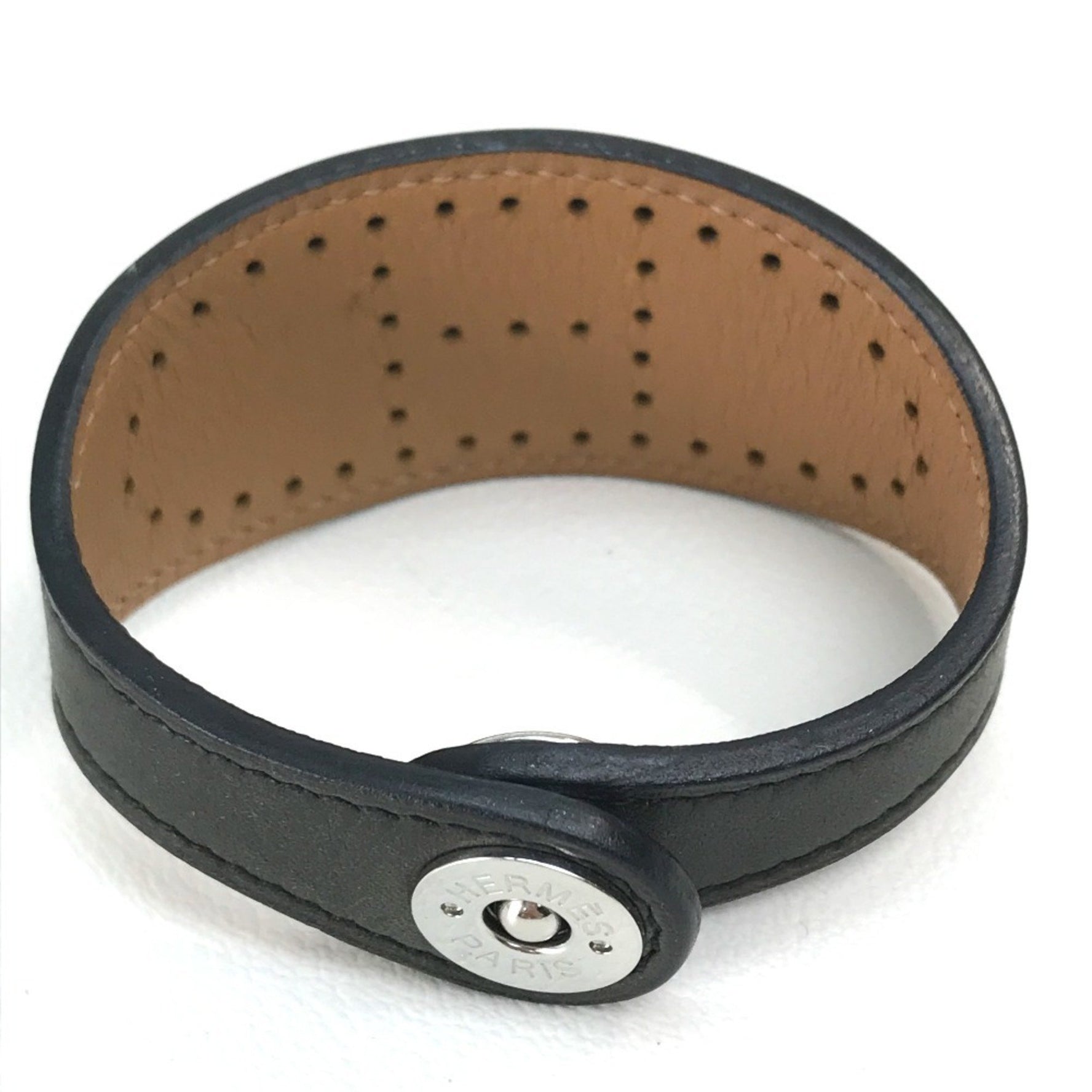 HERMES Evelyn Punched Leather Bracelet, Black/Brown