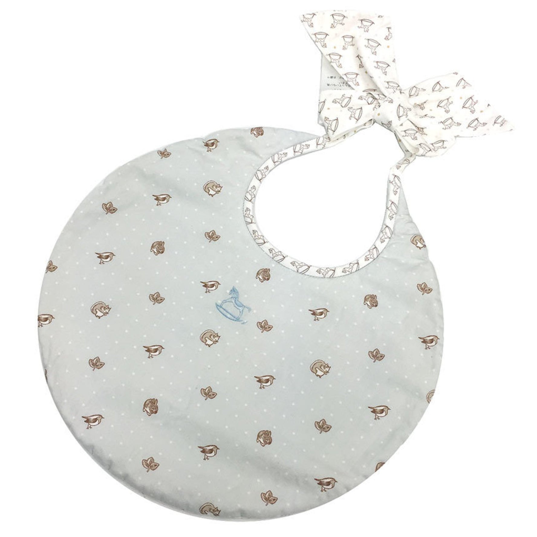 HERMES Bib BAVOIR ANIMAUX DE LA FORET Cotton Rabbit Squirrel Bird Rocking Horse Reversible Light Blue Ivory Baby Goods