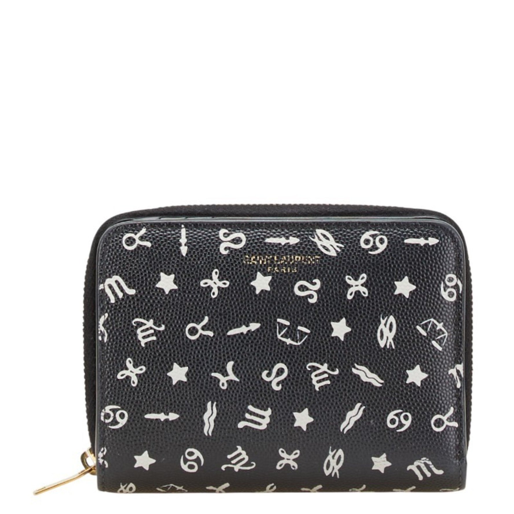 Saint Laurent Zodiac Print Round Bi-fold Wallet Black White Leather