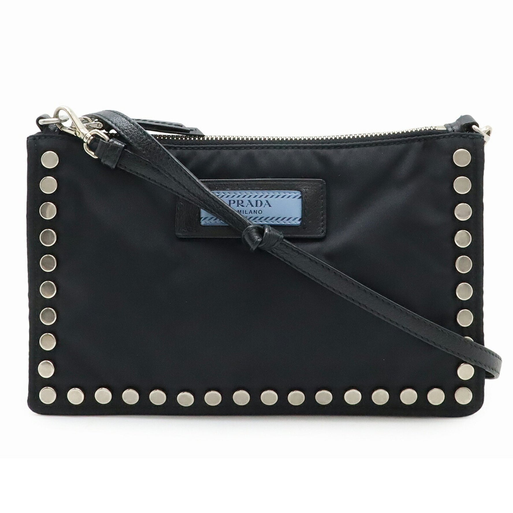 PRADA Shoulder Bag/Clutch Bag/Pouch with Studs in Nylon and Leather (NERO Black)
