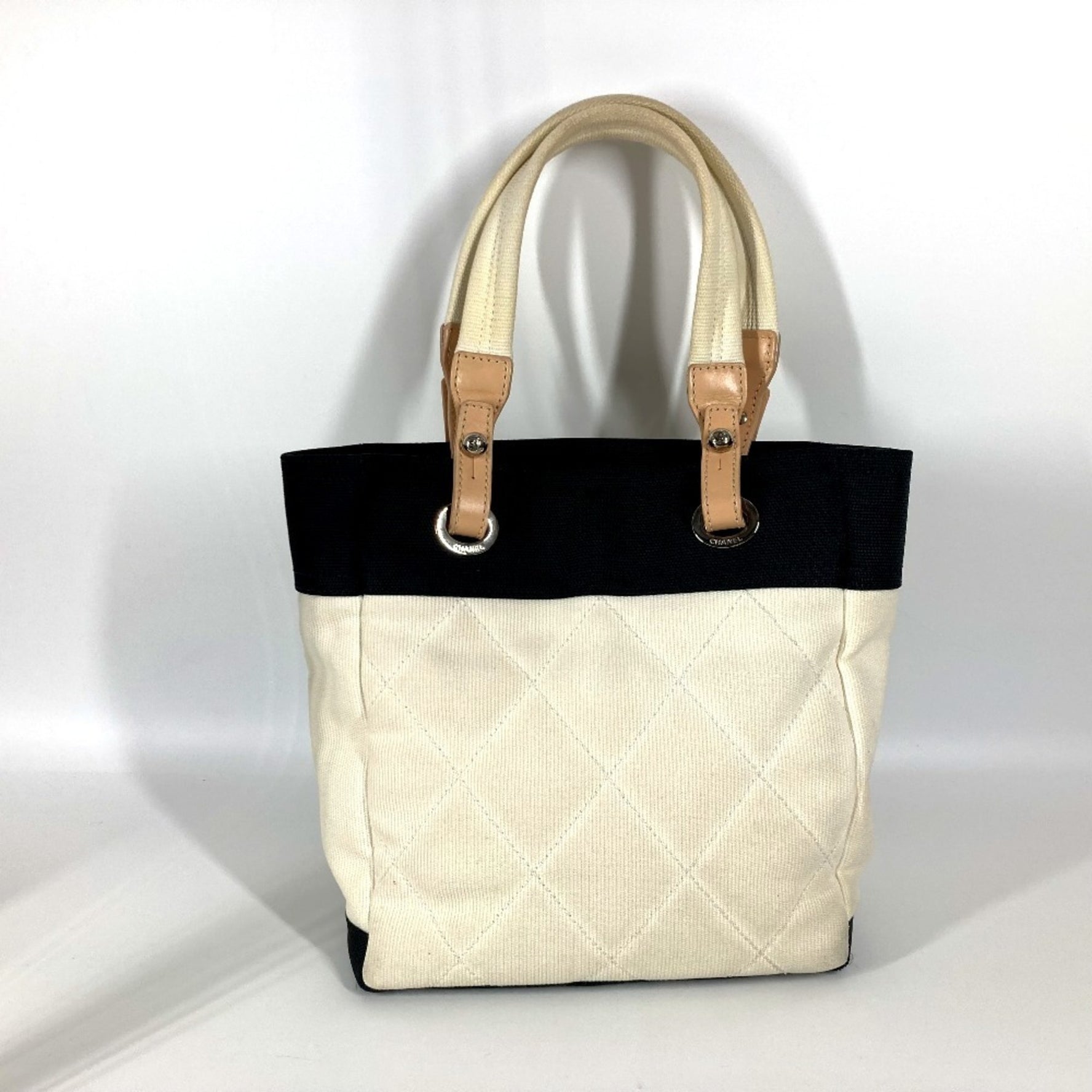CHANEL CC Coco Mark Paris Biarritz PM Tote Bag Shoulder Canvas White