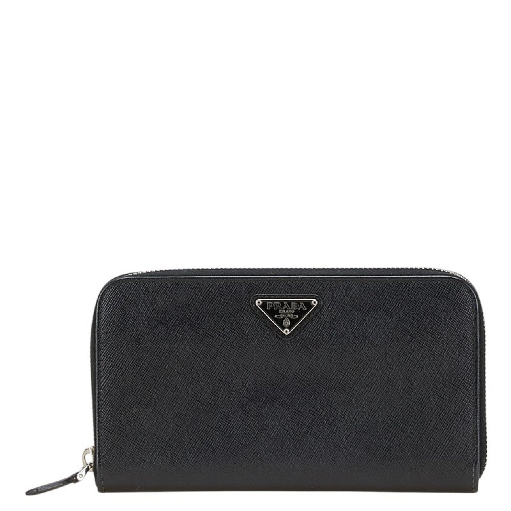 Prada Triangle Logo Plate Long Wallet Round Zipper Leather
