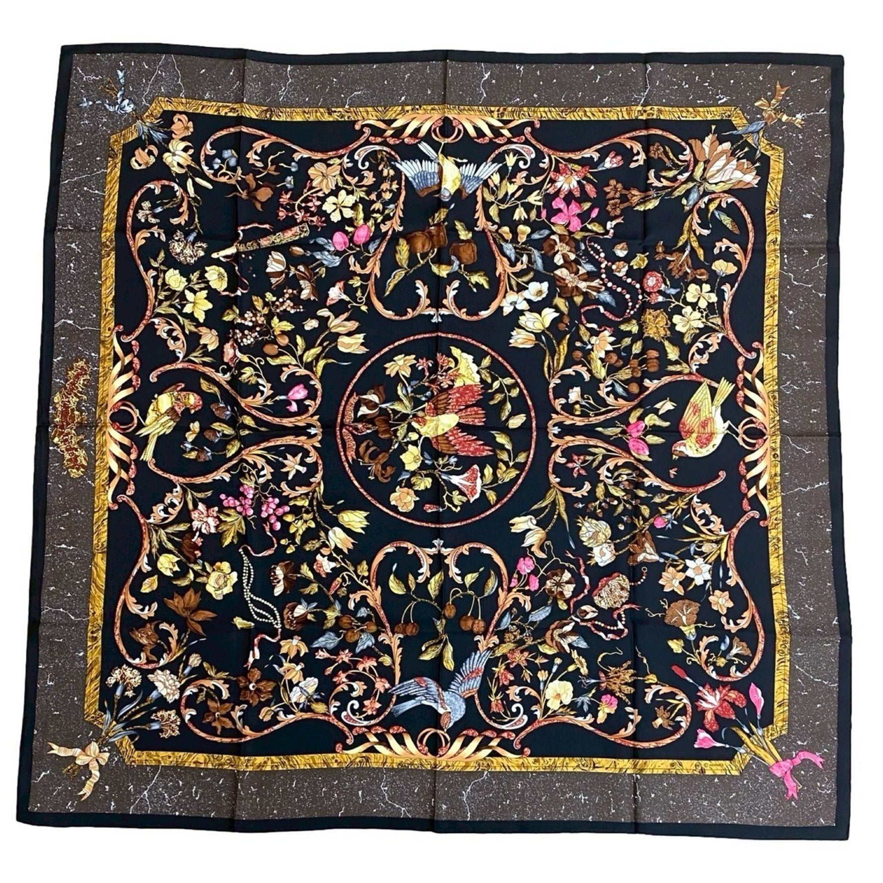 HERMES Vintage Carré 90 "PIERRES d'ORIENT et d'OCCIDENT" Silk Scarf with Eastern and Western Stonework, Black Multicolor
