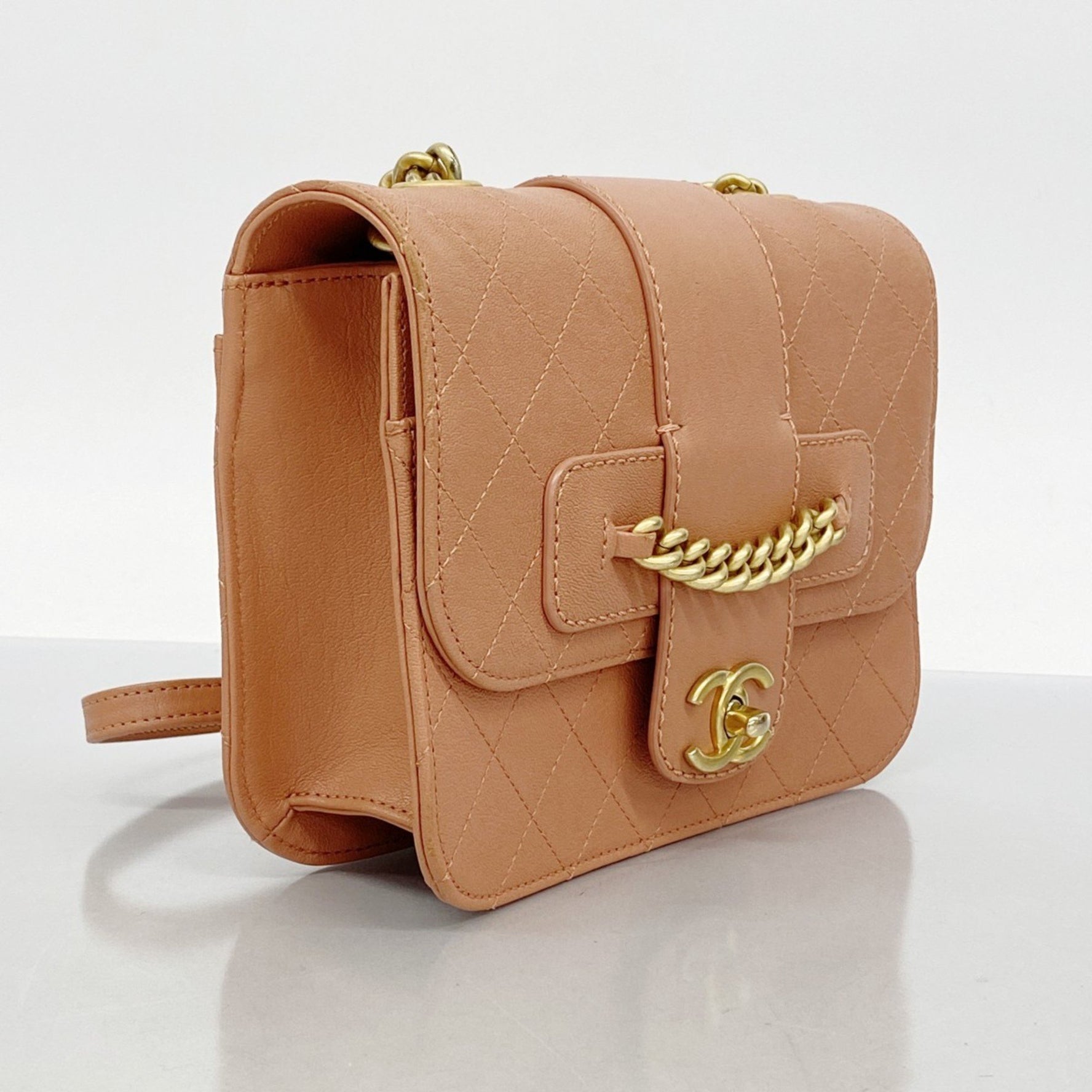 Chanel Matelasse Shoulder Bag with Chain Bag, Leather, Coral Pink