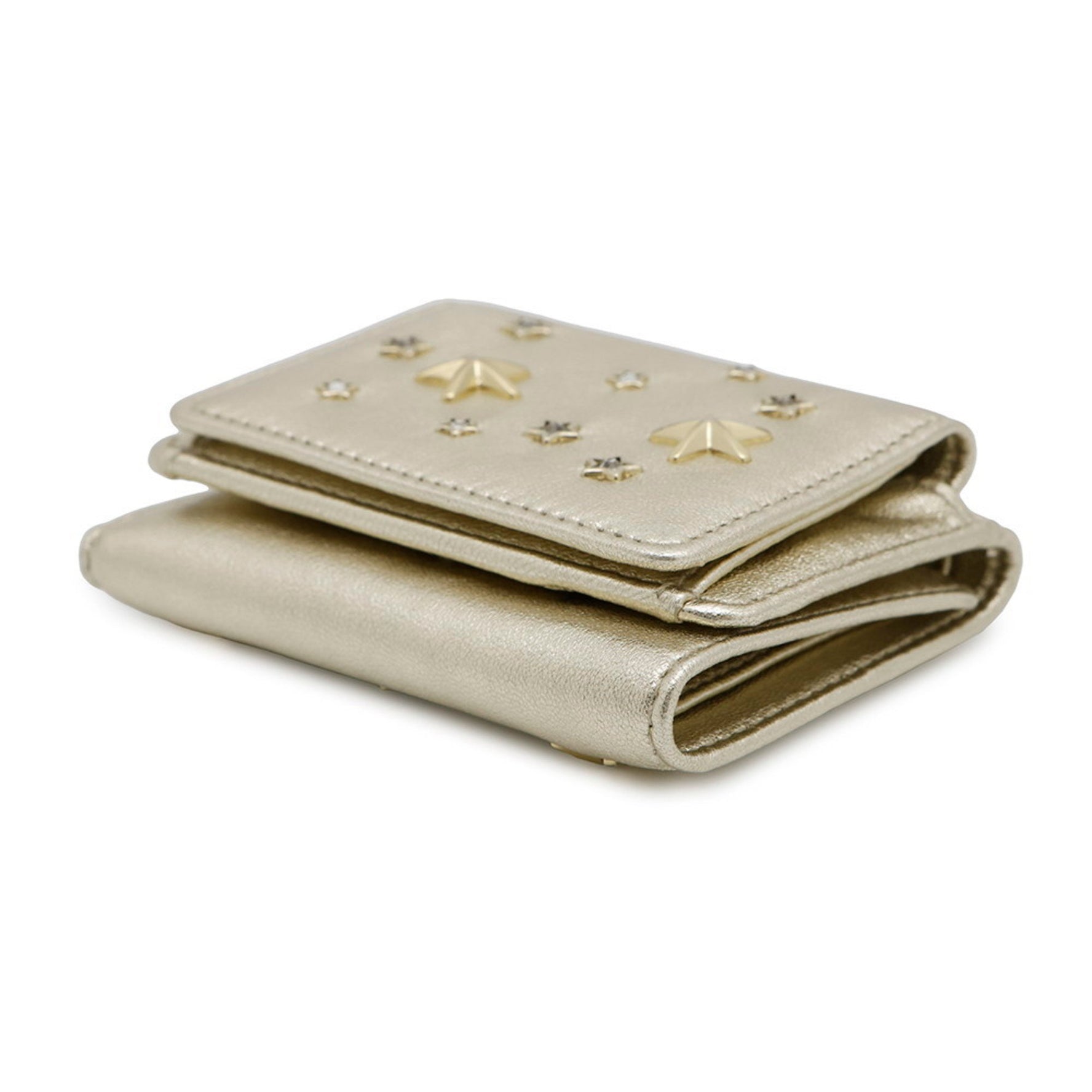 Jimmy Choo Nemo Tri-fold Wallet in Metallic Nappa Leather with Crystal Star Studs. NEMOAUR