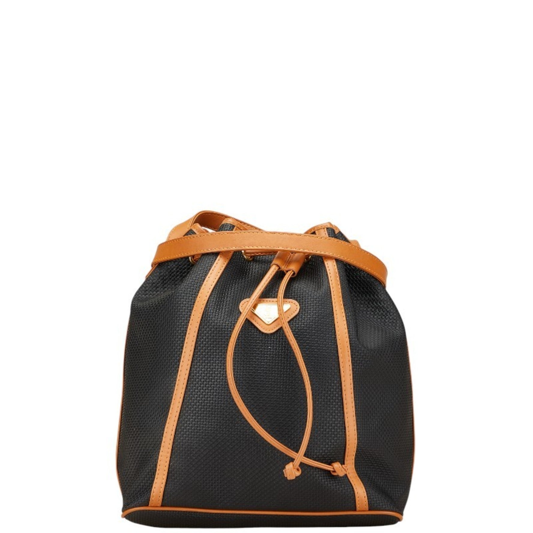 Saint Laurent YSL logo drawstring shoulder bag in black and brown leather .