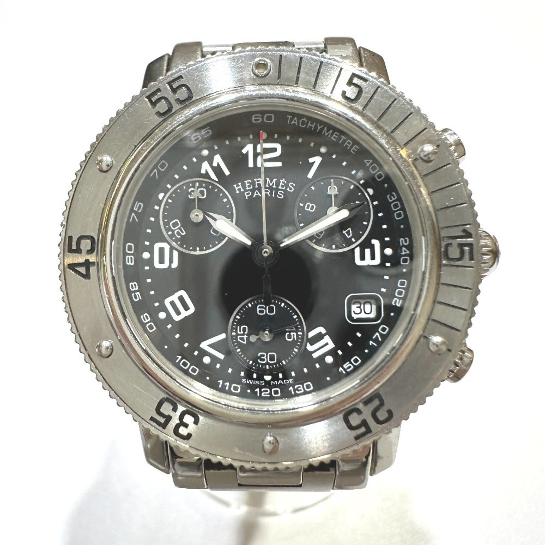 HERMES Chronograph Clipper Diver Watch Stainless Steel Silver