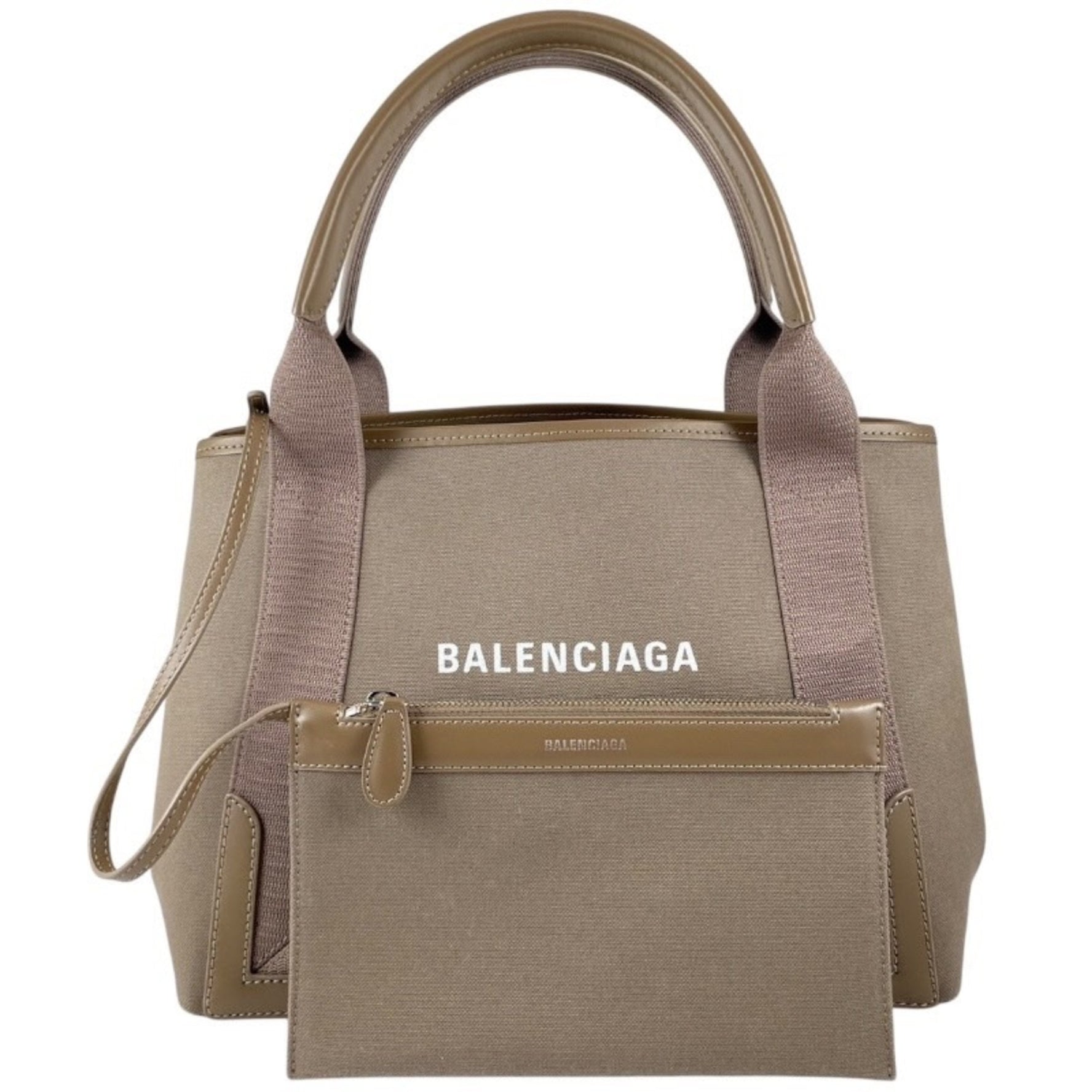 BALENCIAGA Navy Cabas Canvas Handbag, Beige/Greige Tote Bag with Pouch