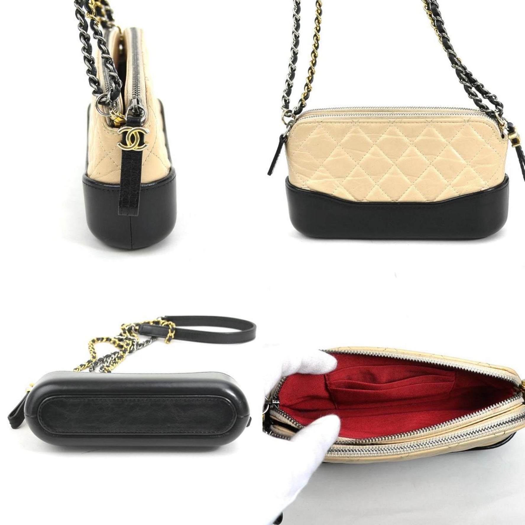 CHANEL Shoulder Bag Gabriel Leather Beige Black Silver Gold