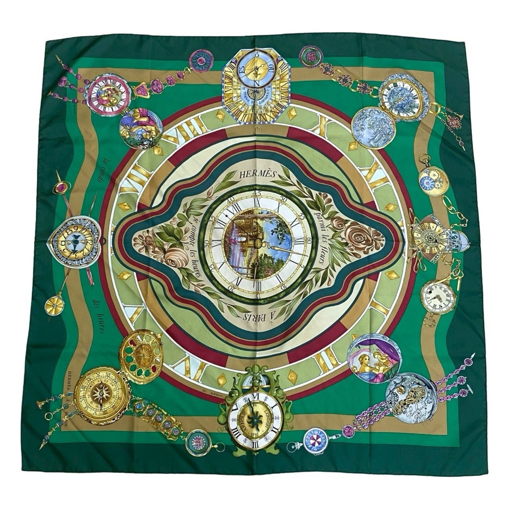 HERMES Vintage Carré 90 "Parmi Les Fleurs JE Compte Heures" Silk Scarf, Green