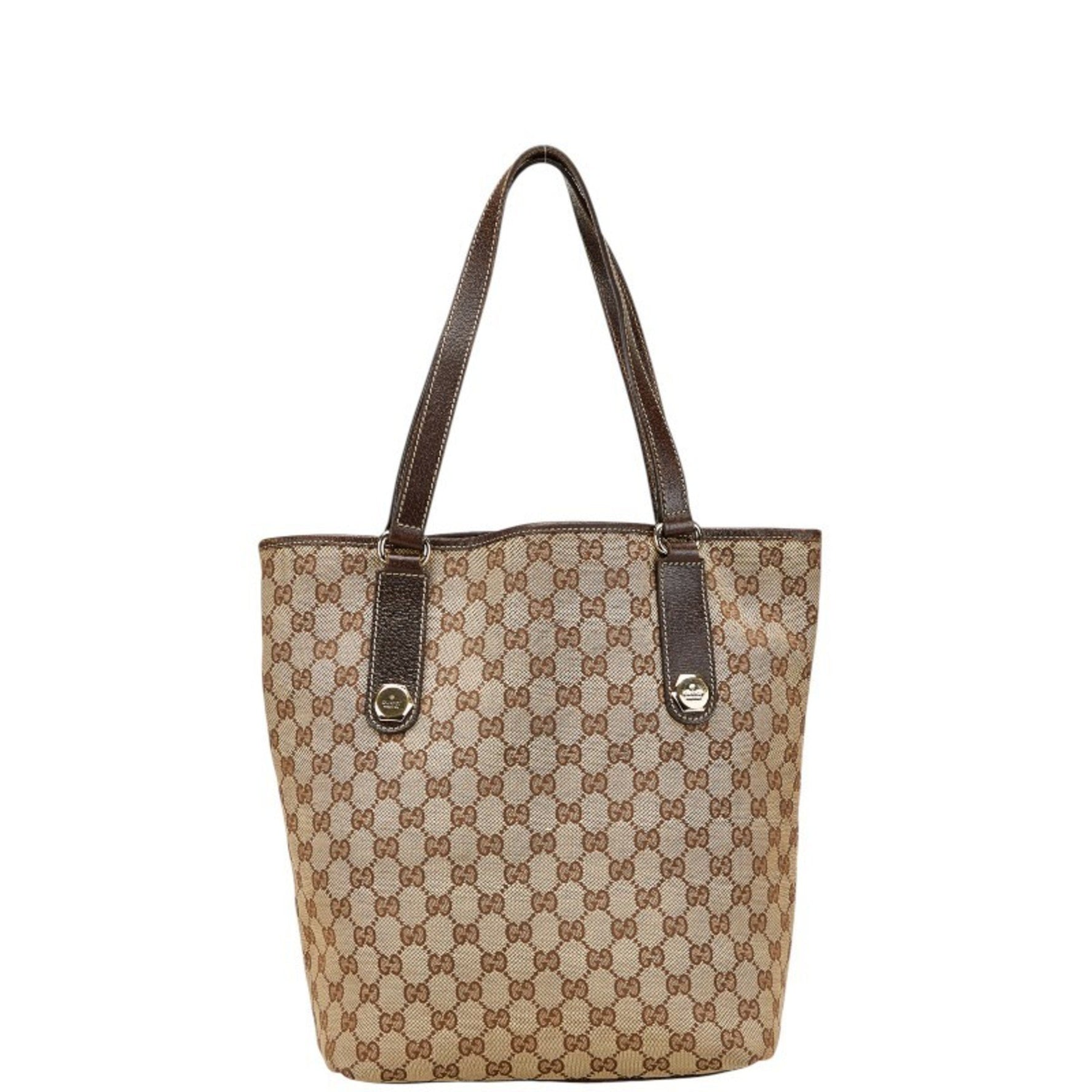Gucci GG Canvas Shoulder Bag Tote Beige Brown Leather