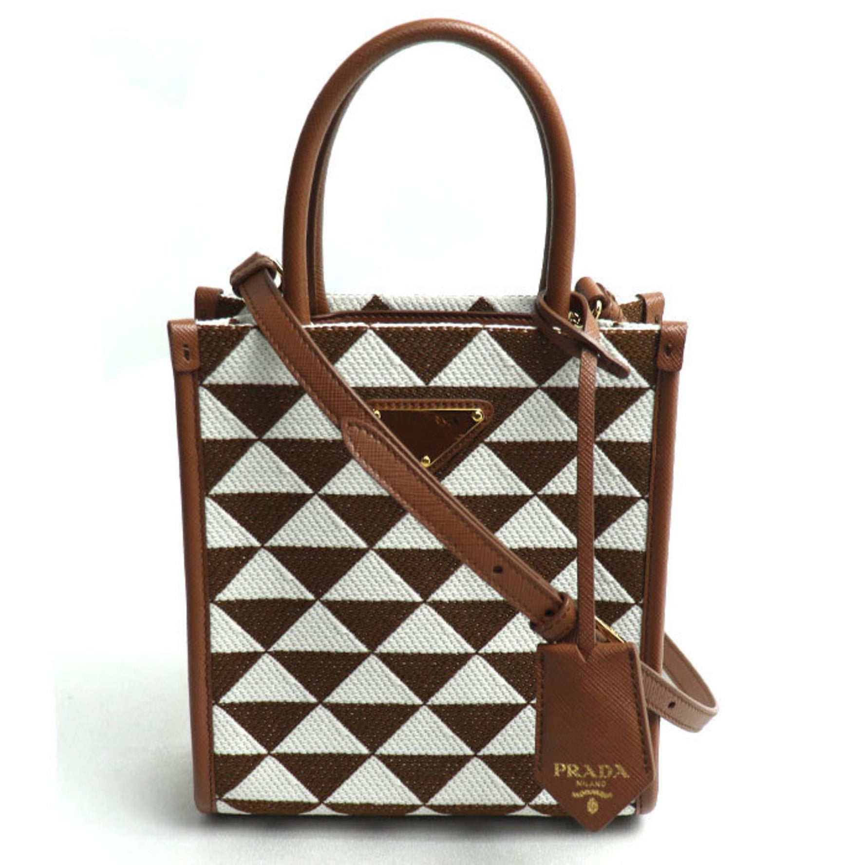 PRADA Symbol Embroidered Fabric Shoulder Bag Brown White IC