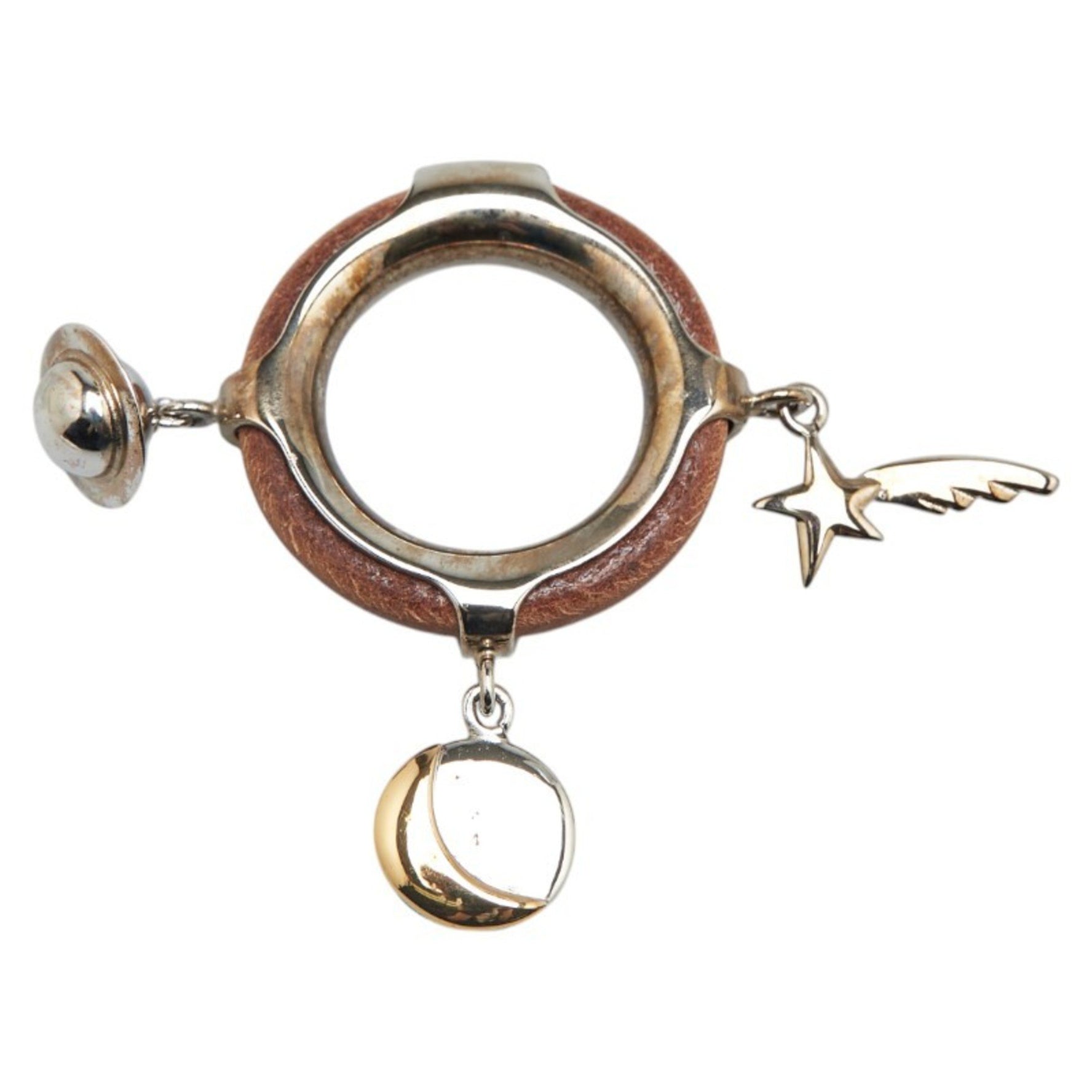 Hermes Saturn Moon Star Motif Scarf Ring Silver Brown Metal Leather